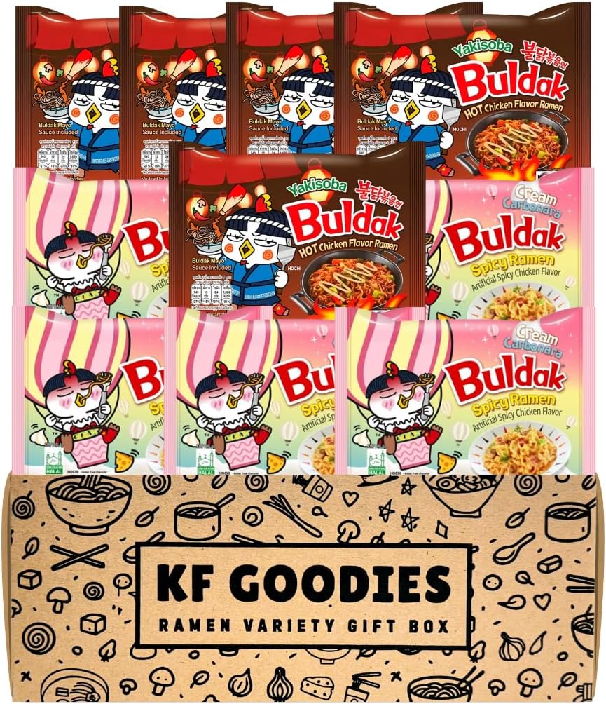 Korean Ramen Variety Pack Gift Box (10 Count) โ Spicy Buldak Noodle Assortment for Birthdays, College Care Packages, Office Snacks, and Gift Baskets