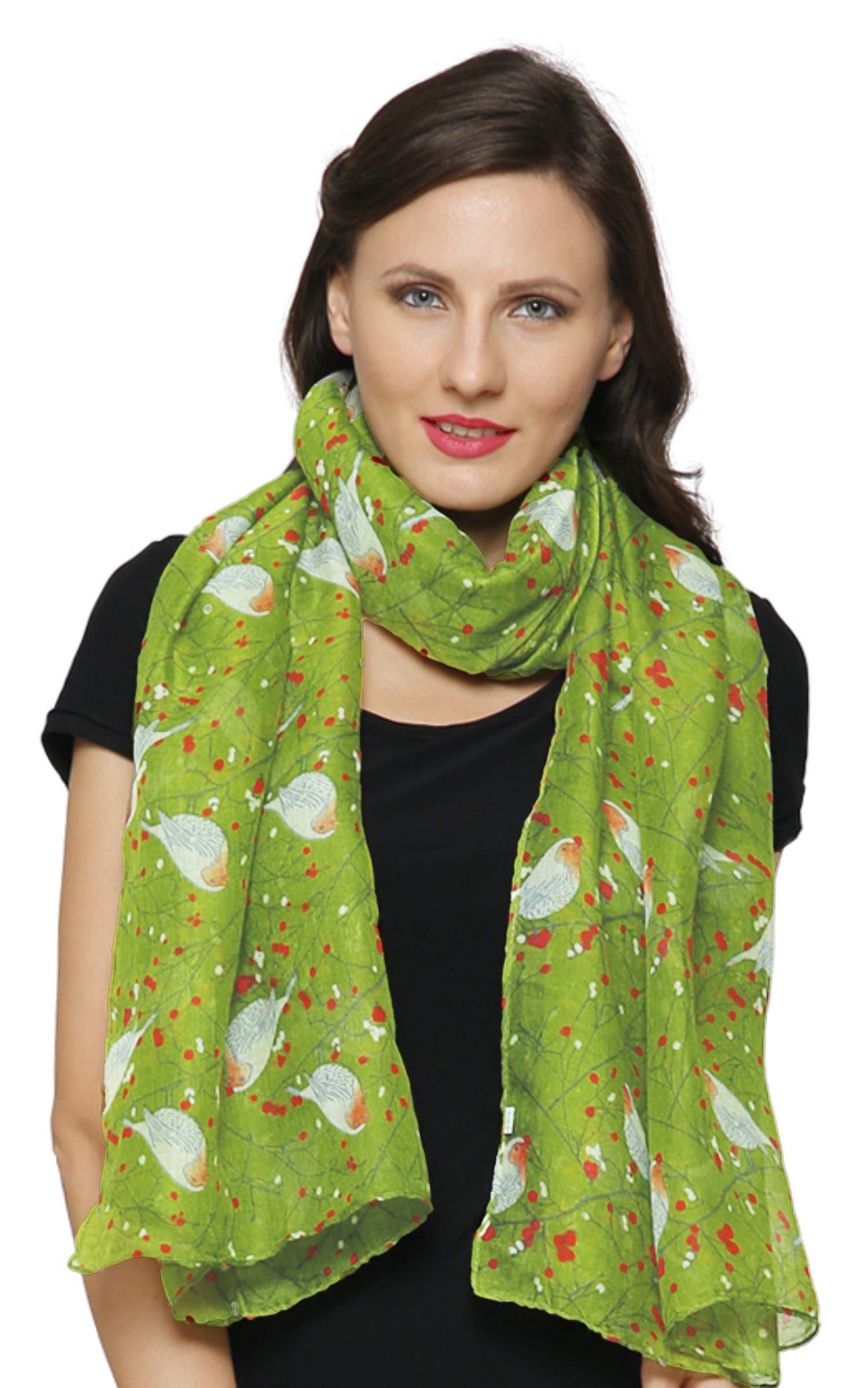 World Of Shawls Girls Green Lady Women Colorful Long Cute Robin Bird Print Scarf Wraps Shawl Soft Scarves Maxi (Green)