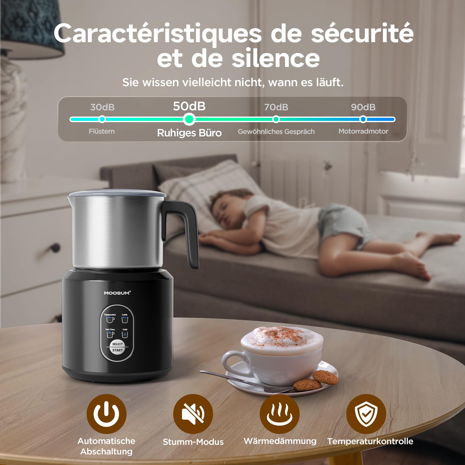 Milchaufschäumer Elektrisch 4-in-1 für Heißer und Kalter, Warme Milch, 500ml Milchschäumer Nduktion Hohe Kapazität, Spülmaschinenfest, Seidiger Milchschaum für Cappuccino, Latte,Edelstahl