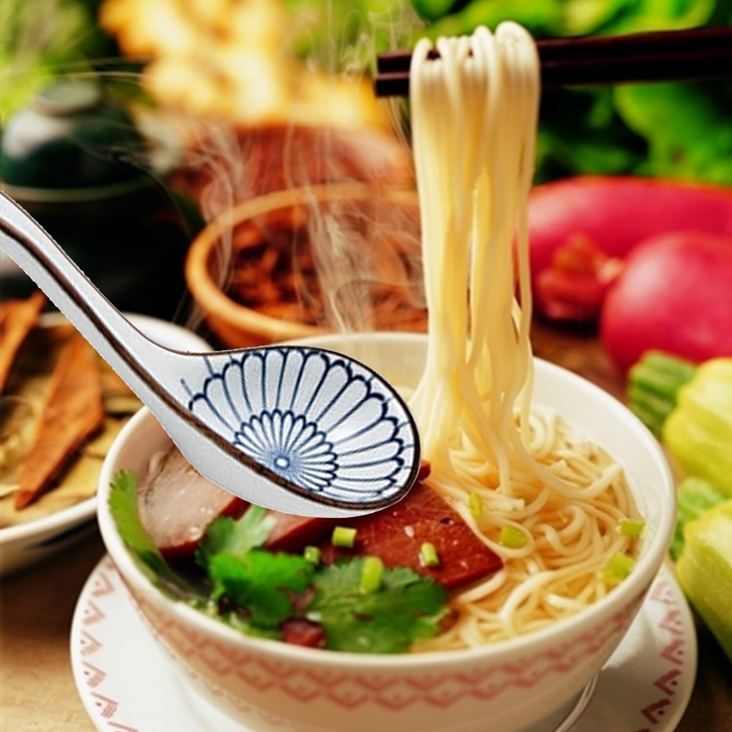 Lot De 5 Cuillères En Céramique - Modèles Asiatiques Rétro - Pour Ramen, Pho, Soupes - Coloris Assortis - 7