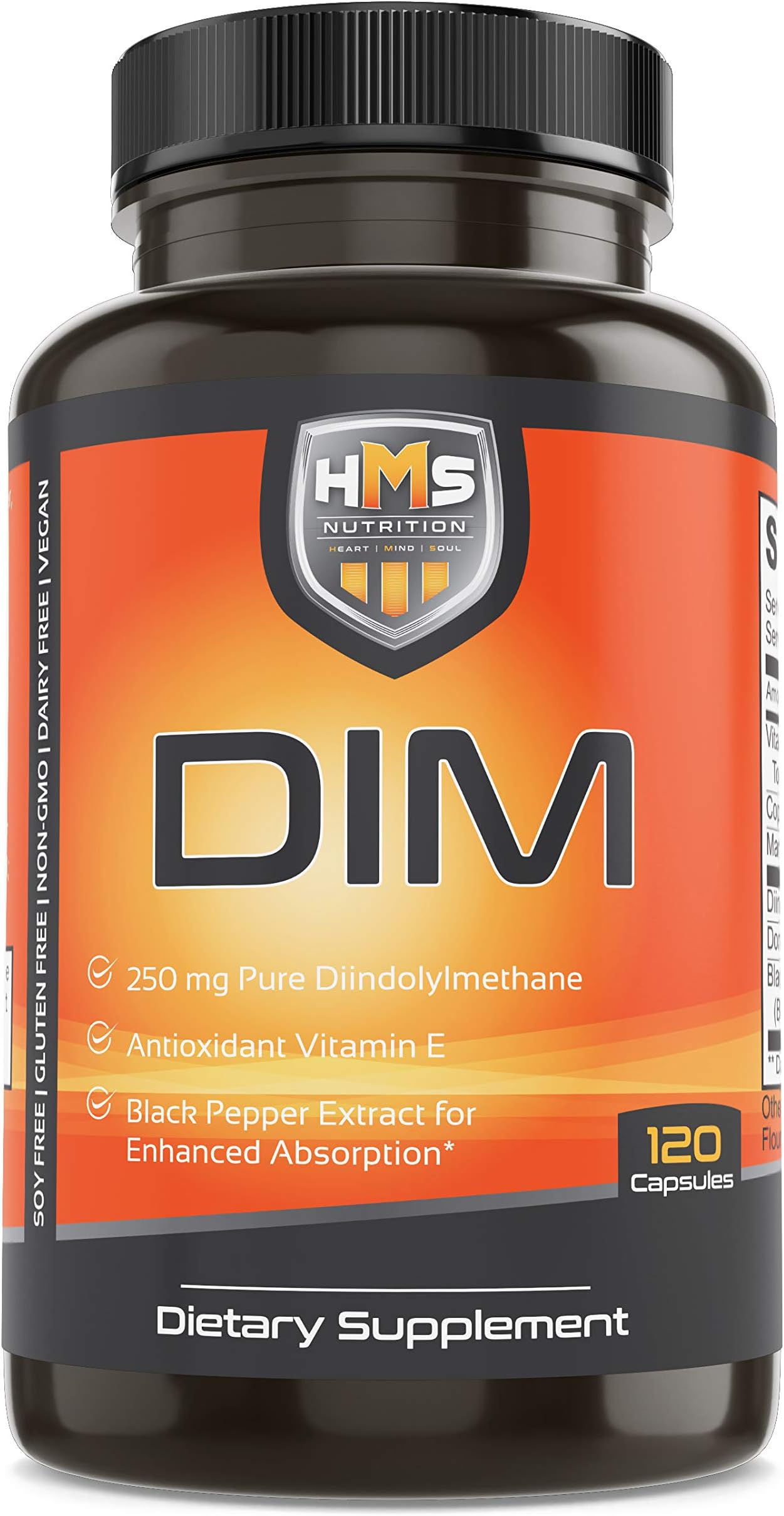 HMS Nutrition DIM Capsules - Vitamin E with BioPerine® (Black Pepper) - 250mg Serving - 120 Vegan Capsules