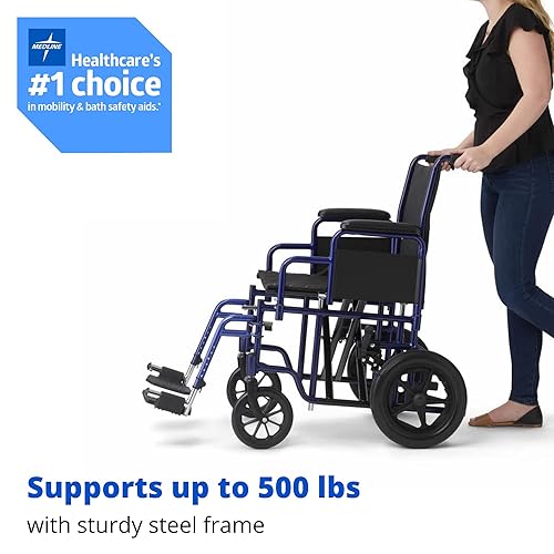 Miniatura 2 de Medline Silla de transporte resistente soporta hasta 500 libras, silla de ruedas de transporte bariátrico, asiento de 22" x 18", marco azul
