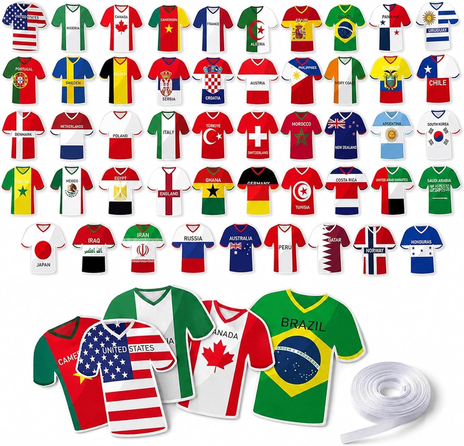 48 Pcs Football Bunting Set - International Jersey Flags with 20m Ribbon for Football Decorations, Soccer Party Supplies, Match Day Celebrations & Sporting Events Bunting