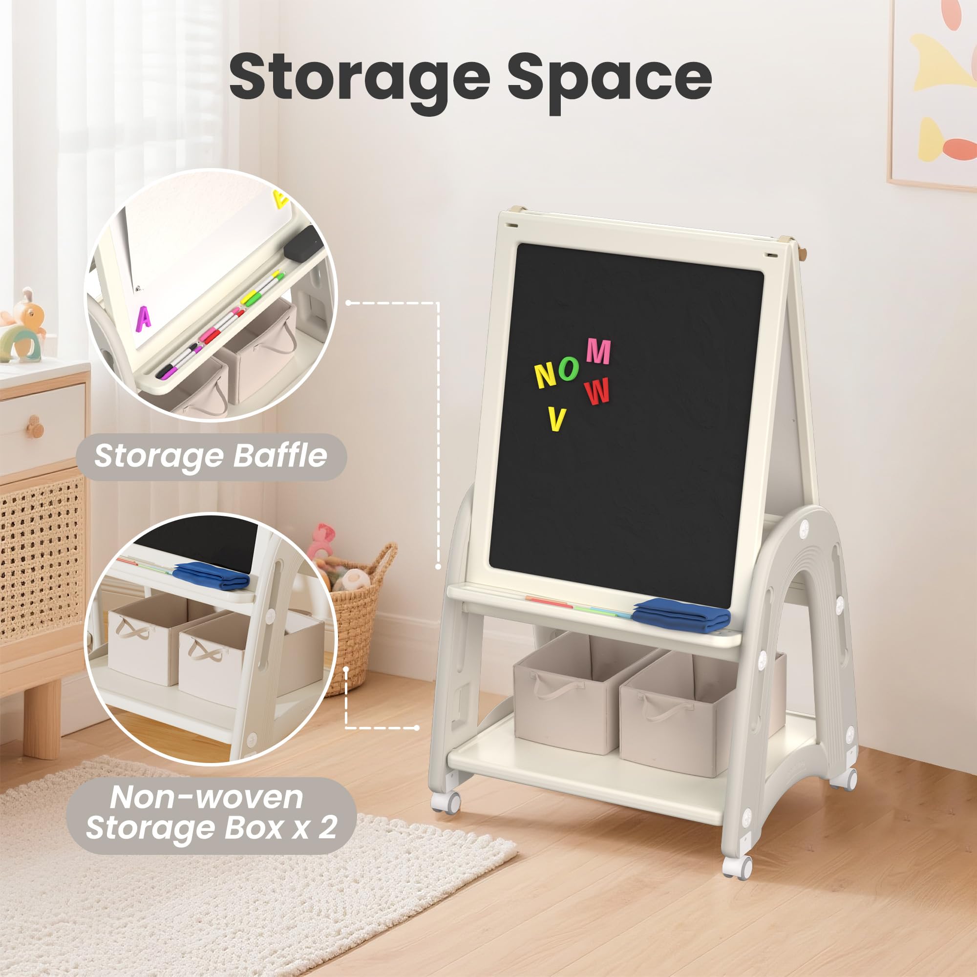Pizarra Infantil, Caballete para Niños 3 en 1, Caballete de doble cara para niños, Altura Regulable con Rollo de Papel, Cesta de Almacenamiento y Accesorios de Pintura, Blanco