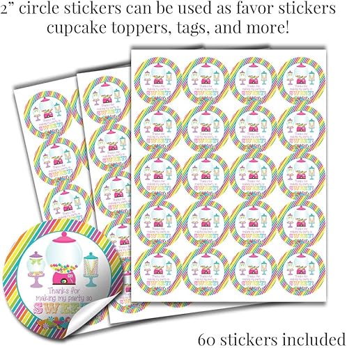 Miniatura 7 de Sweet Shoppe Candy Shop - Kit de calcomanías para fiesta de cumpleaños, 429 piezas. Incluye 60 calcomanías circulares de 2 pulgadas para recuerdos y