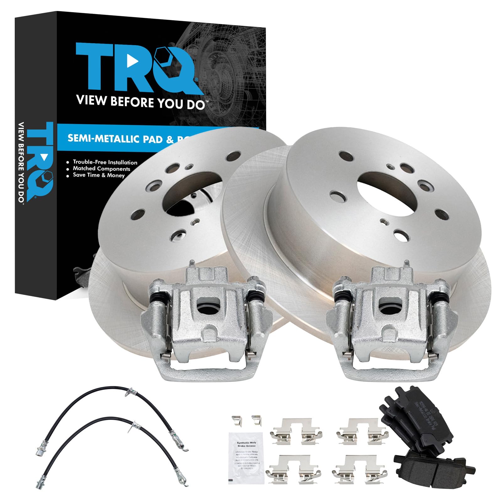 TRQ Rear Brake Pad and Rotor Set Semi Metallic Calipers Compatible with 2004-2006 Lexus RX330 2006-2007 RX400h 2006-2007 Toyota Highlander Front Wheel Drive