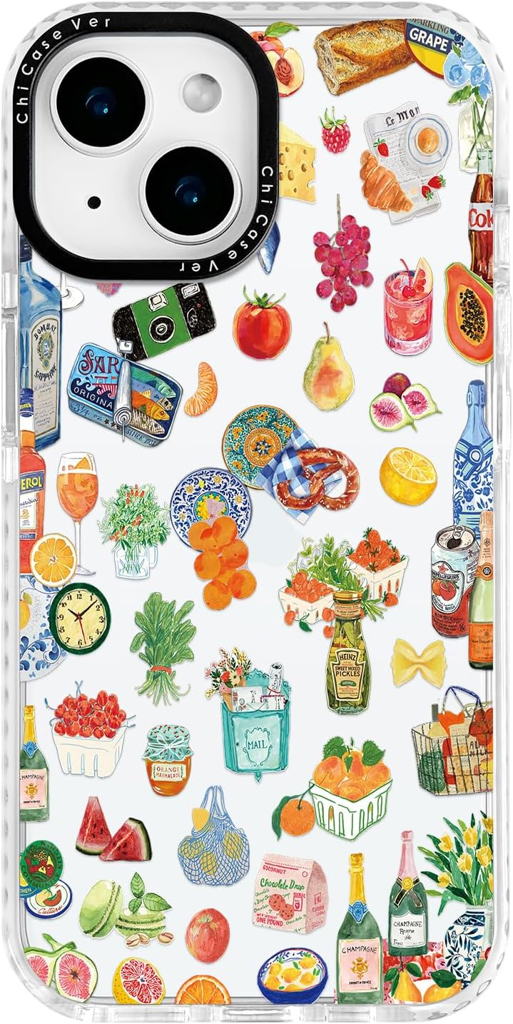 for iPhone 15 Plus Case, Gourmet Food Collage Pattern with Fruits & Croissants, Military-Grade Drop Protection, Juicy Foodie Soft Slim TPU Protective & Camera Protection for Women Girls