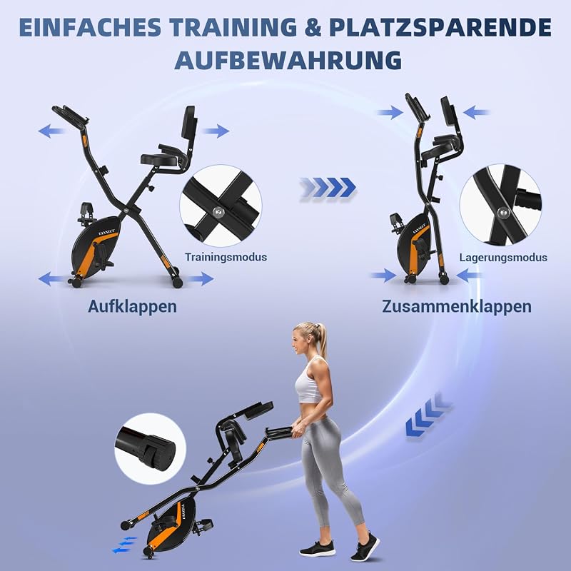 VANNECT Összecsukható Szobakerékpár - Narancs, LCD Kijelzővel, Pulzusmérővel, 150 kg Teherbírással, Otthoni Edzéshez, Idősebbek Számára is