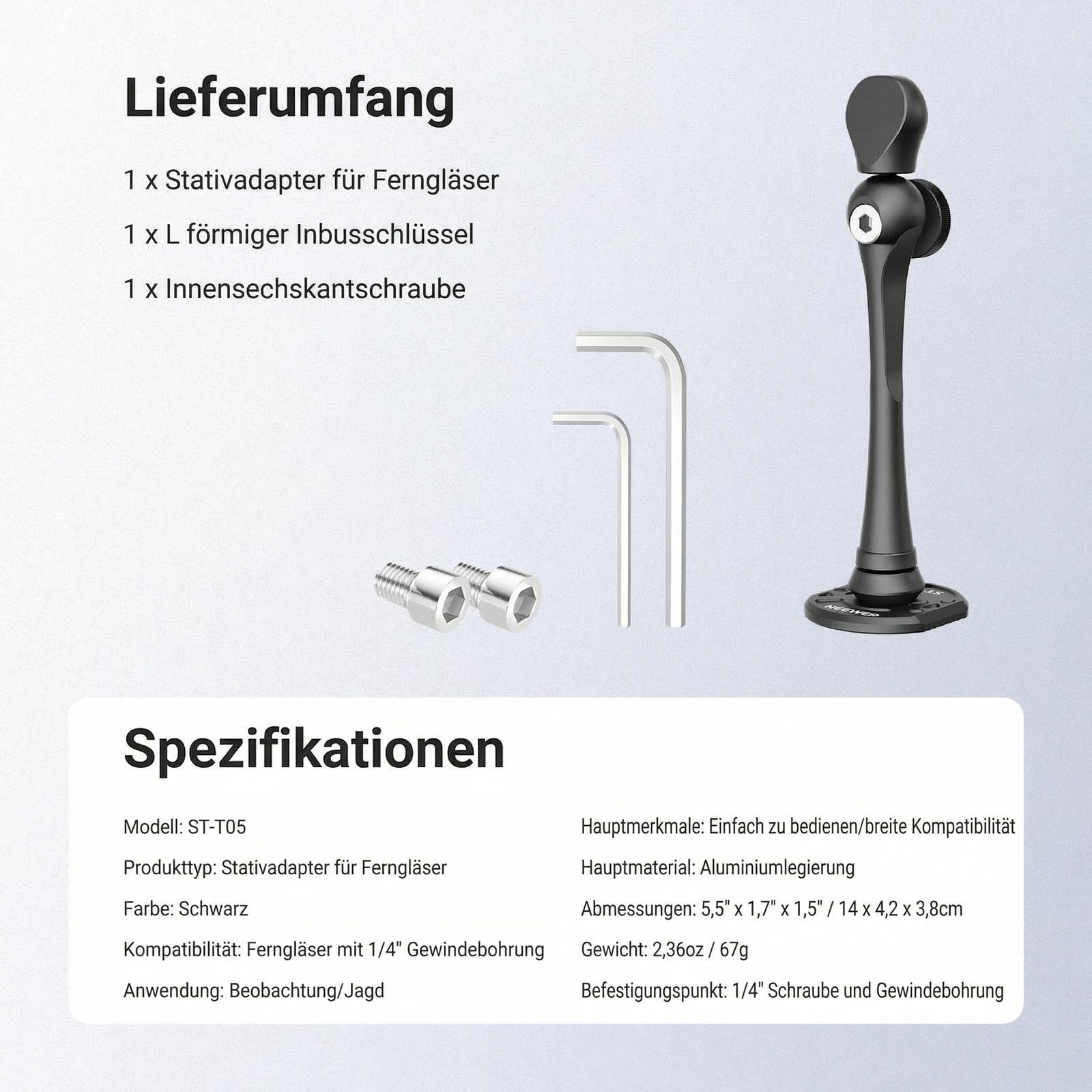 NEEWER Fernglas Stativadapter mit 1/4" Gewinde, Stativ/Einbeinstativhalterung aus Aluminiumlegierung für Ferngläser der Modelle 7x35, 8x42, 10-30x52, 12x25, 12x42, 15x25, 15x52, 20x25,30x60, ST-T05