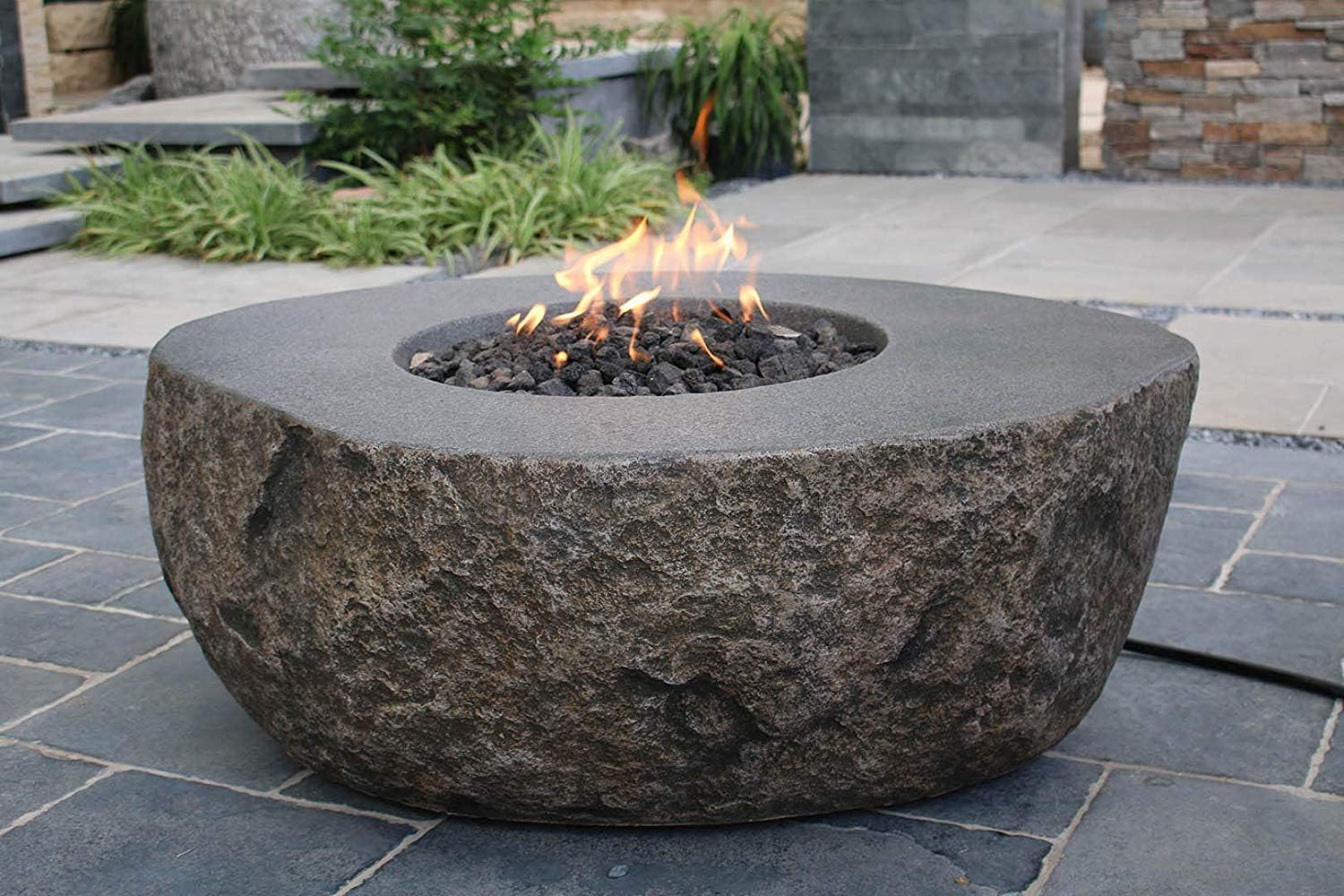 Elementi Boulder Fire Pits Natural Gas, Cast Concrete in Natural Rock Surface, Outdoor Fire Pit Table Patio Furniture, 45,000 BTU Auto-ignition, Stainless Steel Burner, Canvas Cover & Lava Rock includ