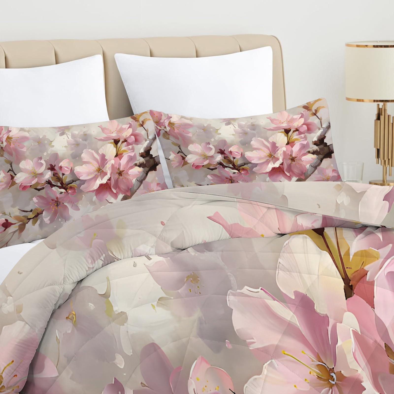 Piumino Letto Matrimoniale 4 Stagioni 220x240 cm, Fiori Rosa Reversibile Piumone Leggero 240x220 cm, Piante Primaverili Coperta Trapunta in Microfibra con 2 Federe, Lavabile in Lavatric