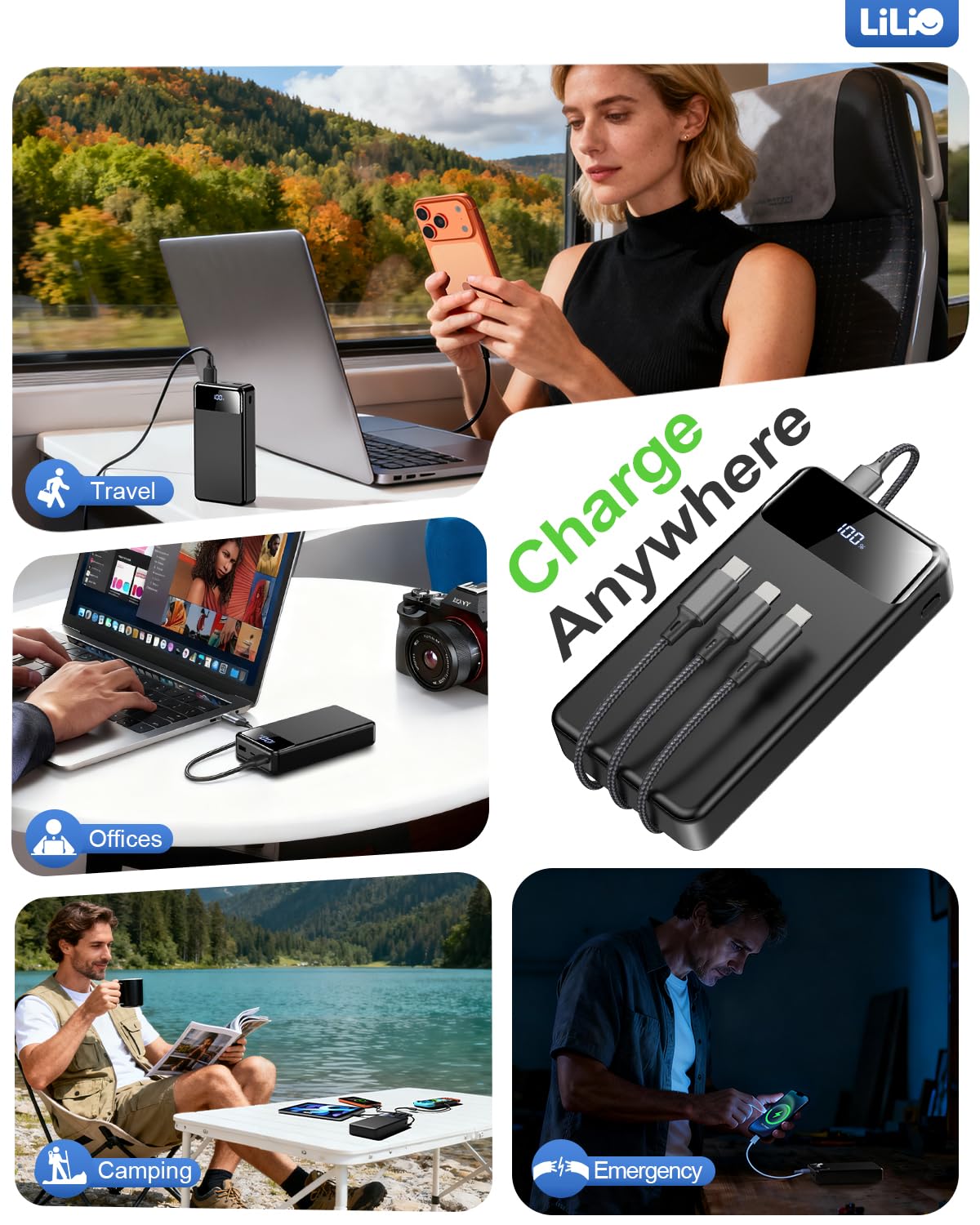 LILIO Cargador portátil, batería de 60,000 mAh, batería externa de 22,5 W, carga rápida con cable USB, cargador de teléfono para iPhone 17/16/15/14/13 todas las series/Samsung/Android, camping