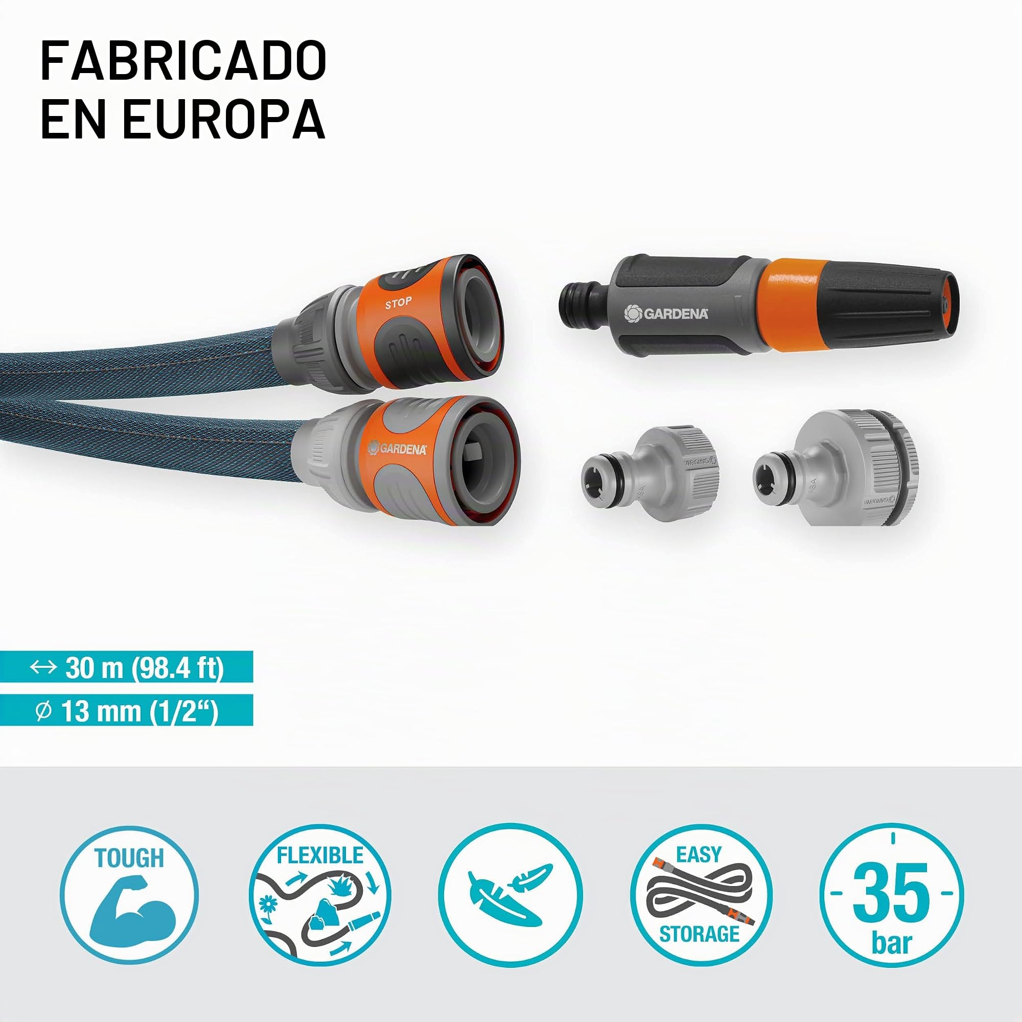 Gardena Liano Xtreme 1/2 pulgadas, set 30m: Manguera de jardín ultra robusta de tejido, para grifos de agua interiores, manguera interna de PVC, ligera, resistente a la climatología (18477-20)