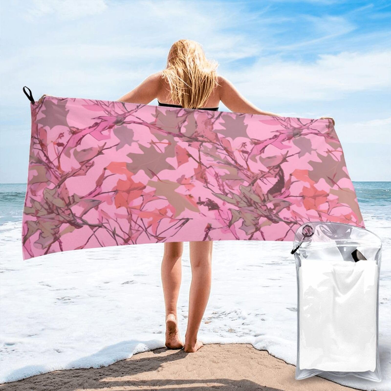 DWVTSLH Microfiber Sand Free Beach Towel 27.5"x55", Quick Dry Absorbent Travel Towel Large Camping Blanket, Pink Leaves Camo Bath Towels Lightweight Pool Swim Towels for Vacation Essentials