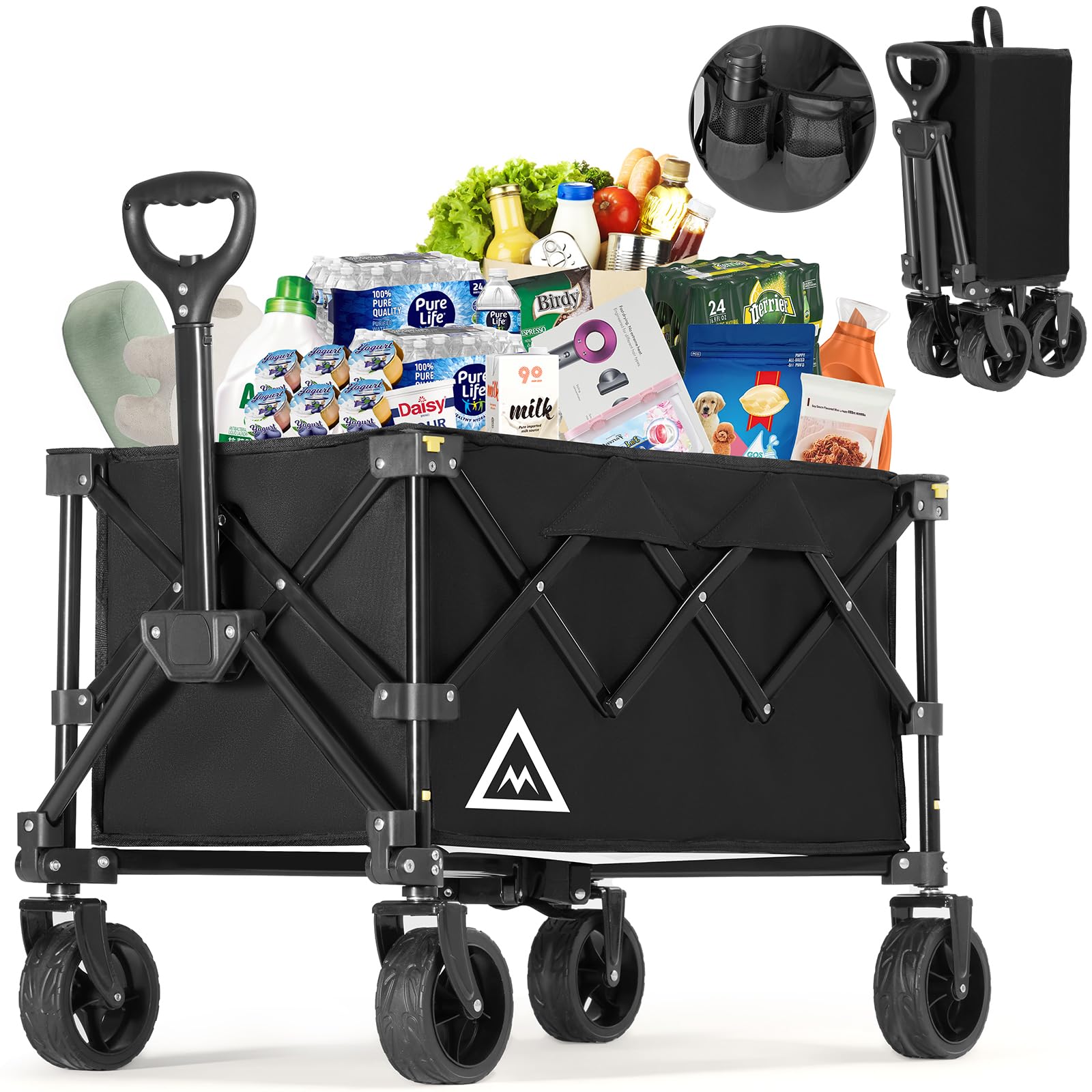 Folding Wagon Cart with Wheels, Utility Shopping Wagon Cart, Black