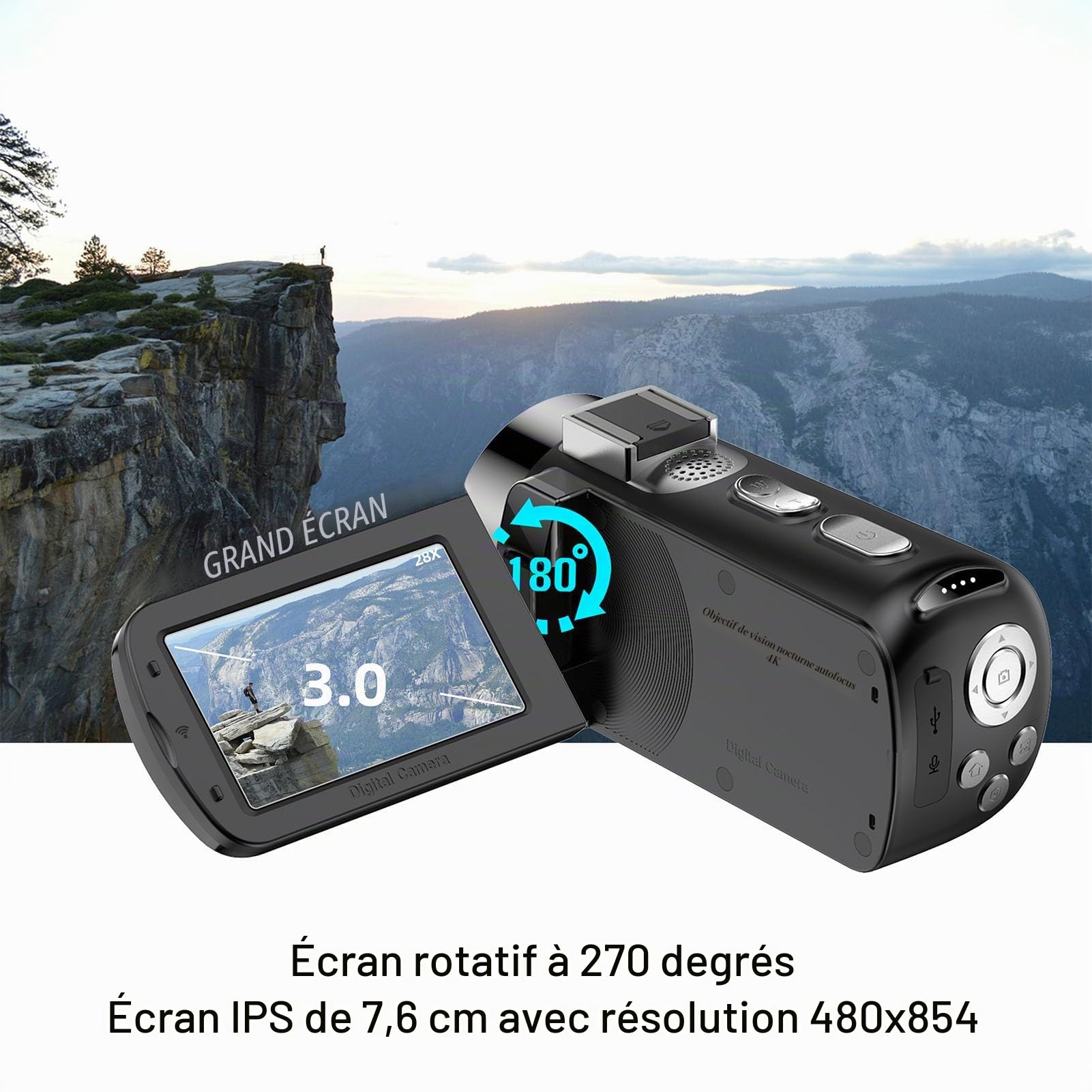 Fabater Caméra Vidéo, Caméscope Ultra HD 4K 64MP, Enregistreur de Caméra WiFi Vlogging 3 Pouces avec Zoom Numérique 28X, Vision Nocturne IR, Batterie de 4800mAh pour Youtube