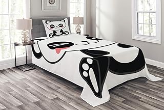 Ambesonne Anime Bedspread, Cartoon Smiling Panda Fun Animal Theme Japanese Manga Kids Teen Art Print, Decorative Quilted 2 Piece Coverlet Set with Pillow Sham, Twin Size, Black and White