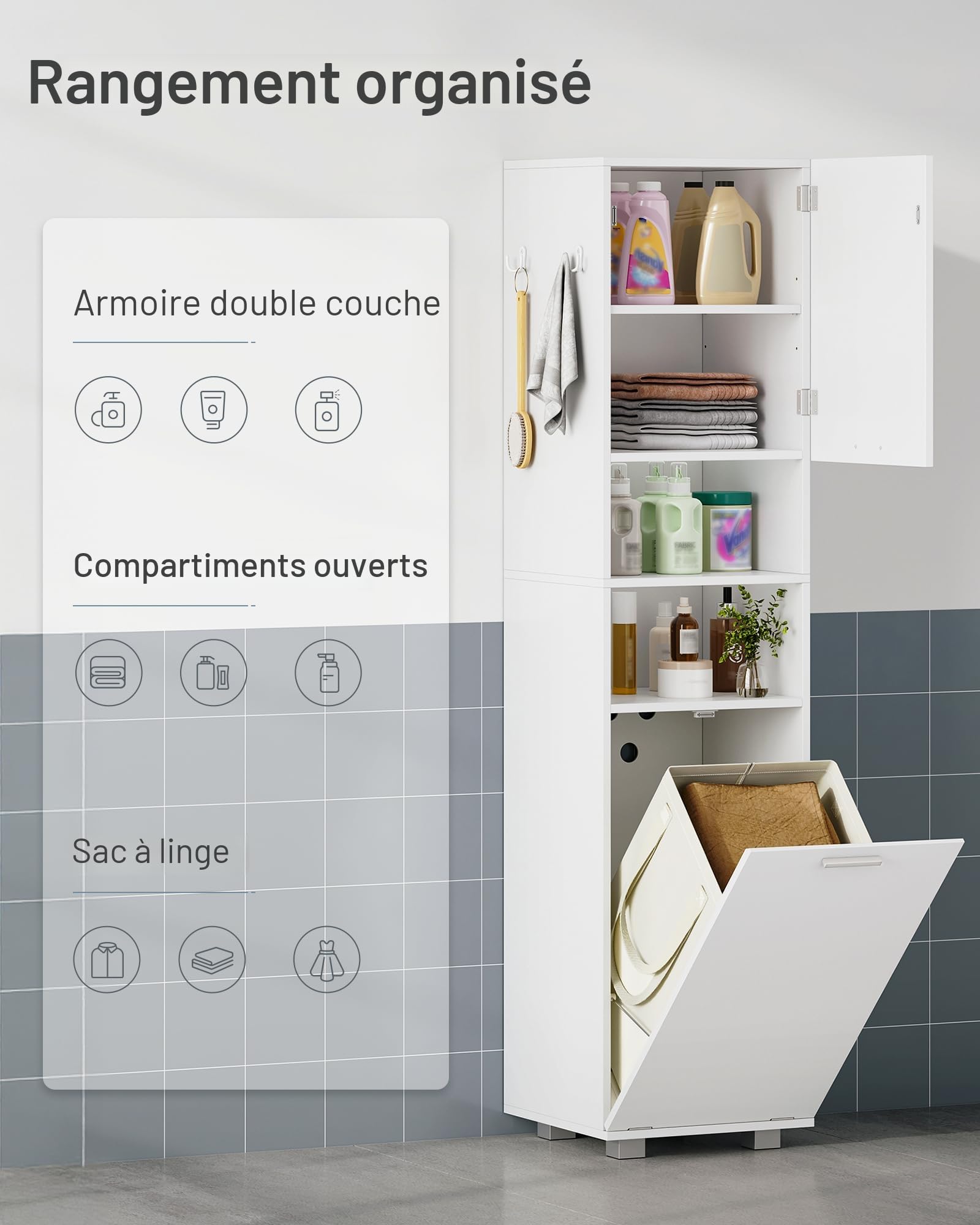 Hzuaneri Meuble de Salle de Bain avec Panier à Linge Amovible, Armoire Haute étroite, Placard de Rangement Haut avec Panier à Linge, Étagères Réglables, 40 x 40 x 170 cm, Blanc BC72003X