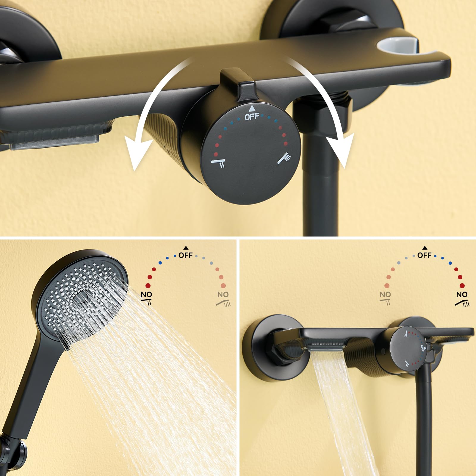 Auralum Rubinetto Vasca da Bagno con Doccetta 5 Geti, Miscelatore Vasca da Bagno a Cascata, Miscelatore Doccia Nero con Tubo Doccia PVC 1,5 m, Rubinetto Doccia con Supporto Soffione Doccia Regolabile