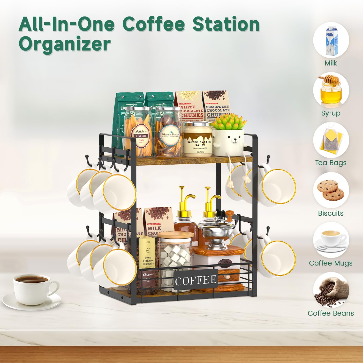 EsLuker.ly Coffee Bar Station Organizer Mug Cup Holder Stand for Countertop Multi-Functional 2 Tier Mug Tree Rack for Kitchen Storage Shelf with 12 Removable Hooks - Image 4