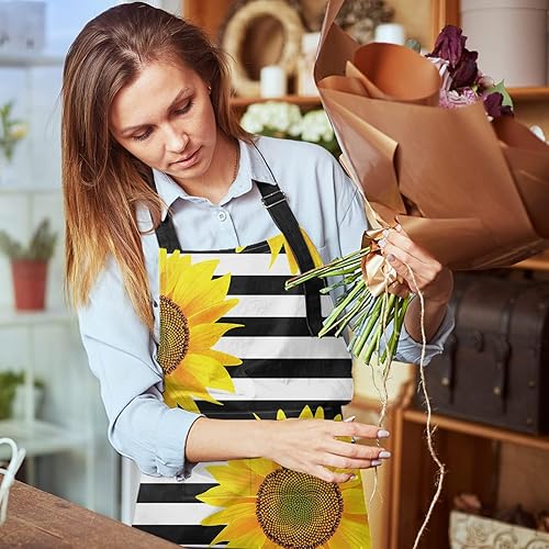 Miniatura 6 de Britimes Delantal de cocina para el hogar, cocina, horneado, jardinería para mujeres y hombres con bolsillos, girasoles a rayas, flores blancas y