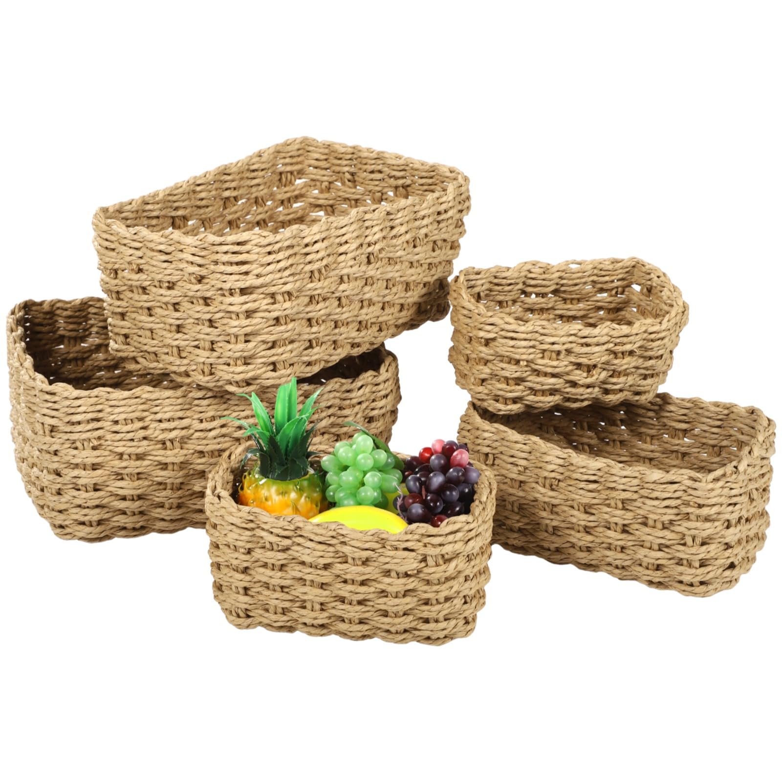 YOFAPA 5 Pcs Woven Storage Basket Set, Khaki Rectangular Wicker Baskets, Handwoven Versatile Organizer, Countertop Storage Bins for Home, Office, Different