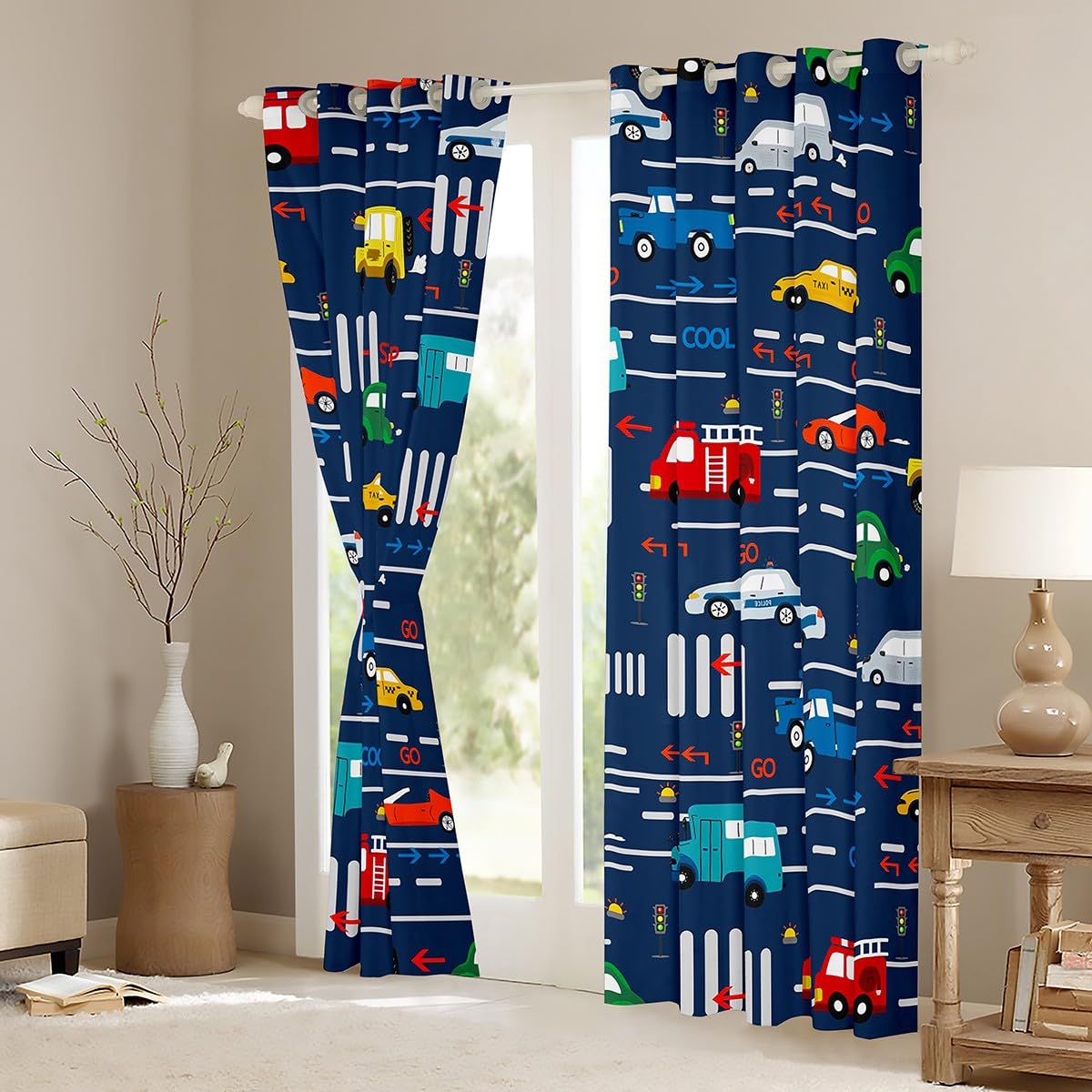 Homemissing Cortinas opacas de coche de dibujos animados (30%-50%) vehículos de transporte cortinas de ventana de camiones de bomberos de dibujos animados para niños y niñas, tratamientos de ventana