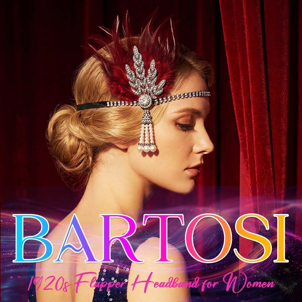 BARTOSI 1920s Flapper Headband Roaring 20s Headpiece Leaf Rhinestone Headwear Feather Hair Accessories for Women (Wine Red) - Image 7