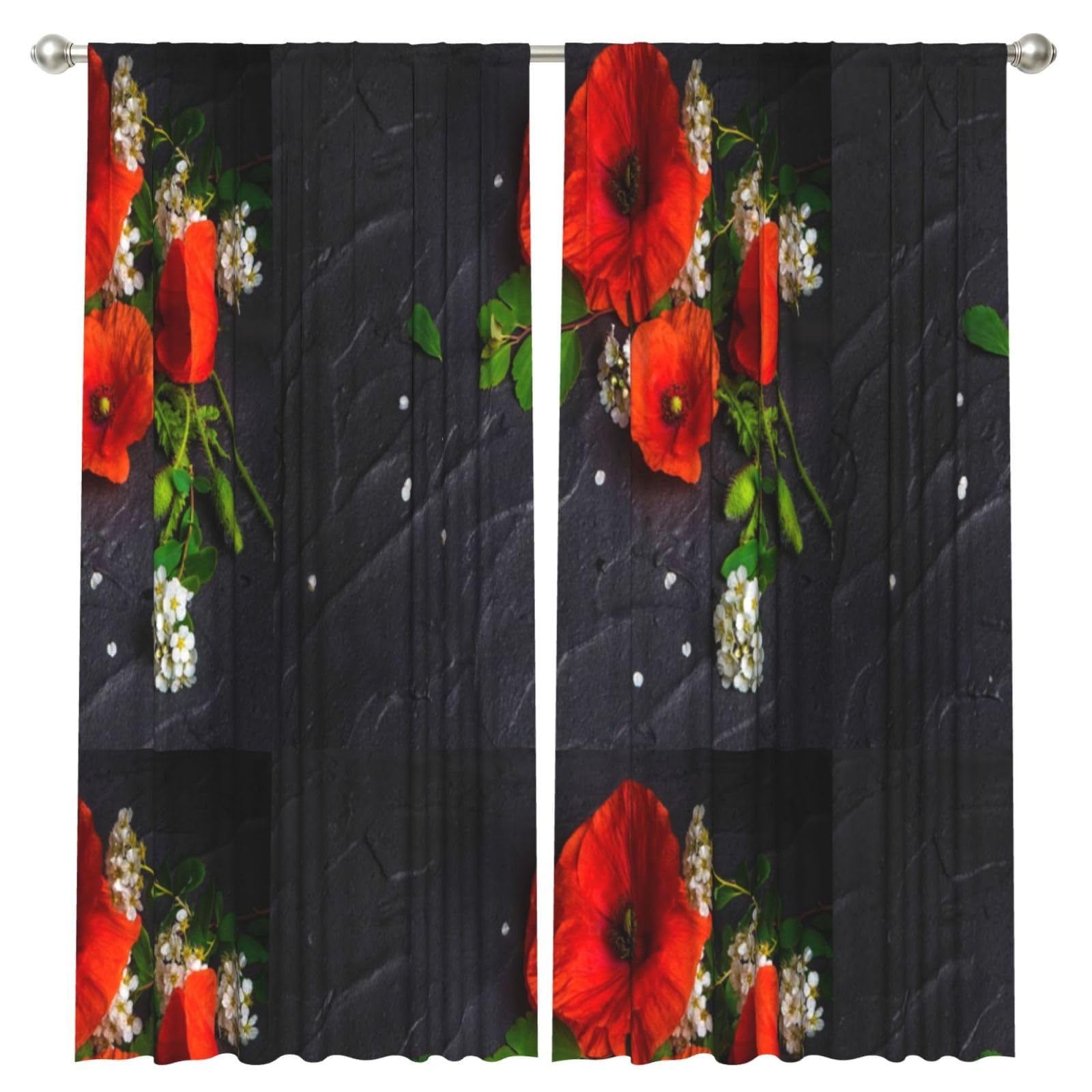 InOmak Bouquet Of Red Poppies, 2 Panels Window Curtains 52 x 84 Inch Blackout Curtains for Living Room Bedroom