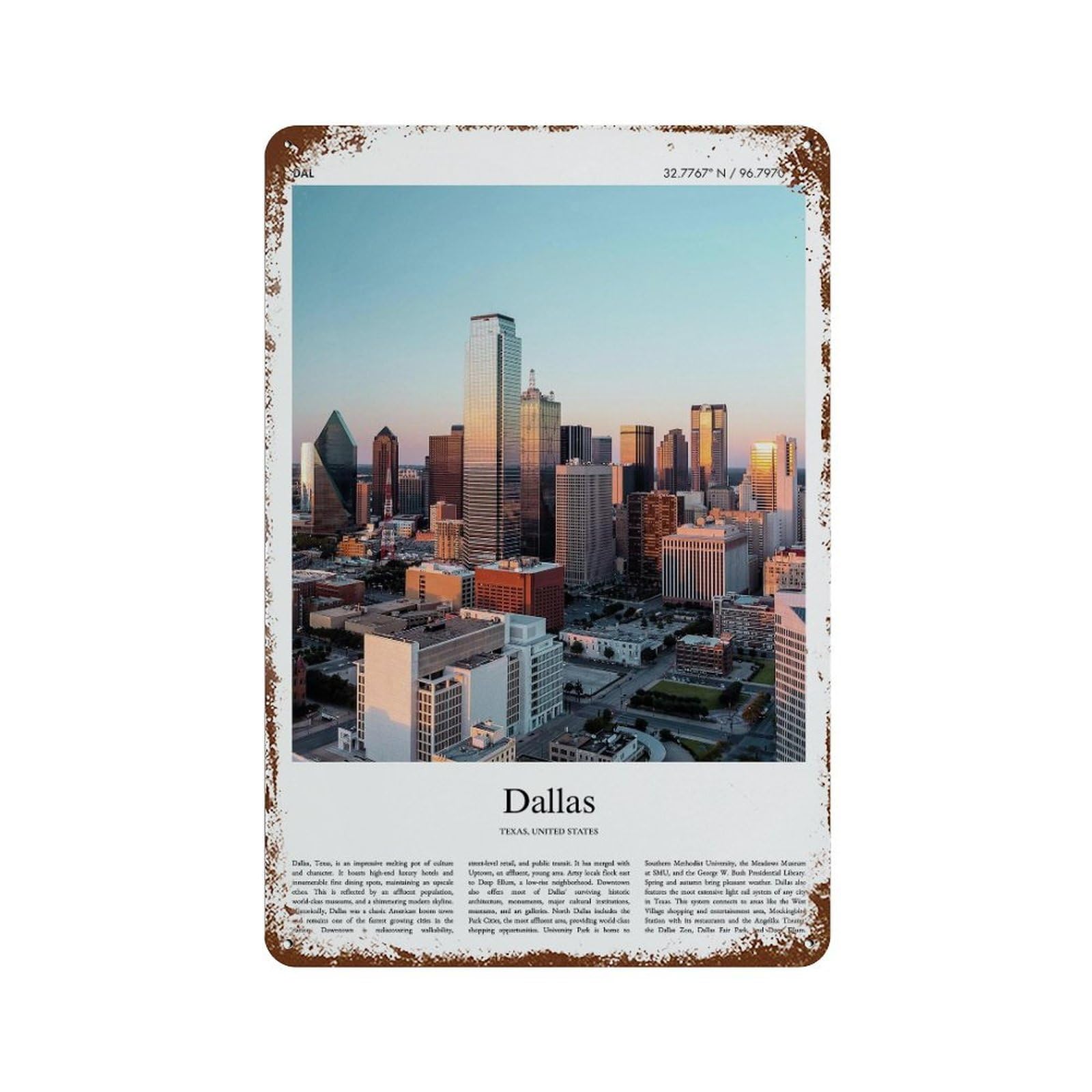 xiaoxiaoshen Dallas Texas, United States, USA City Scenery Wall Decor Art Metal Tin Poster Modern Home Decor Art Home Bar Shop Decorations Vintage Sign 30x20cm
