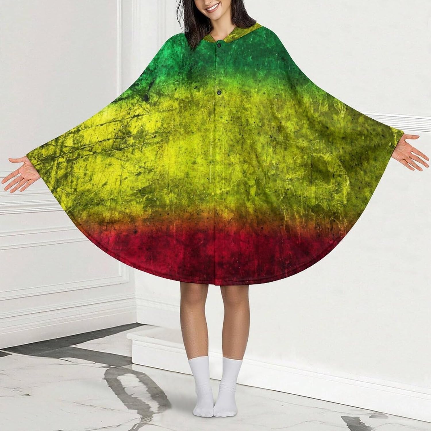 Red Yellow Green Rasta Flag Wearable Blanket with Hooded Flannel Blankets Cape with Pocket