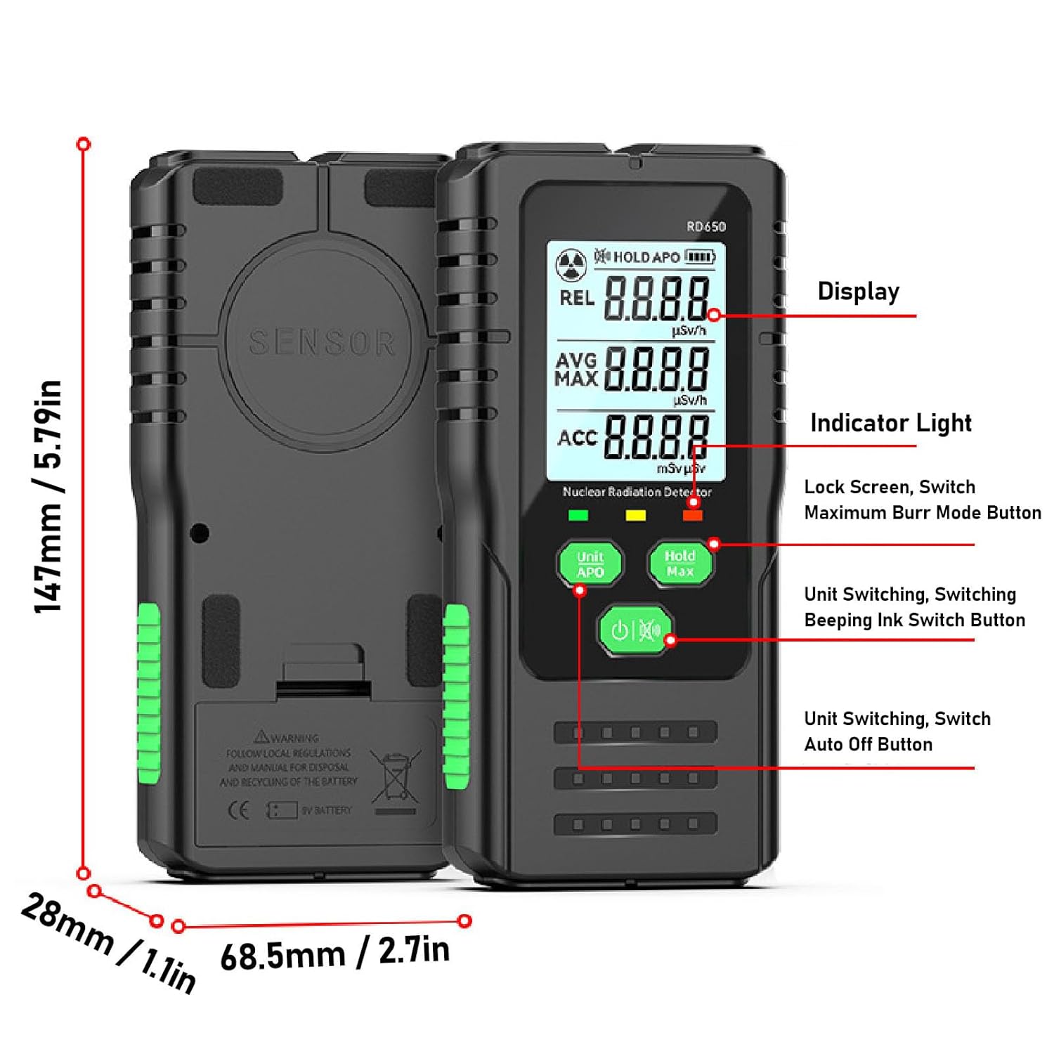 Nuclear Radiation Dosimeter 2.4 Inch LCD Display Dual Alarm Indication Radiation Monitor Meter