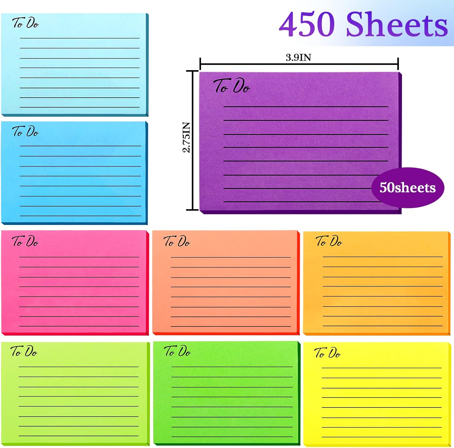 BABORUI 9 Pack to Do List Sticky Notes, 450 Sheets Self-Stick to Do Sticky Notes with Line, 3x4 Inch Aesthetic to Do List Notepad Bulk, Home Office School Planner Reminder Supplies