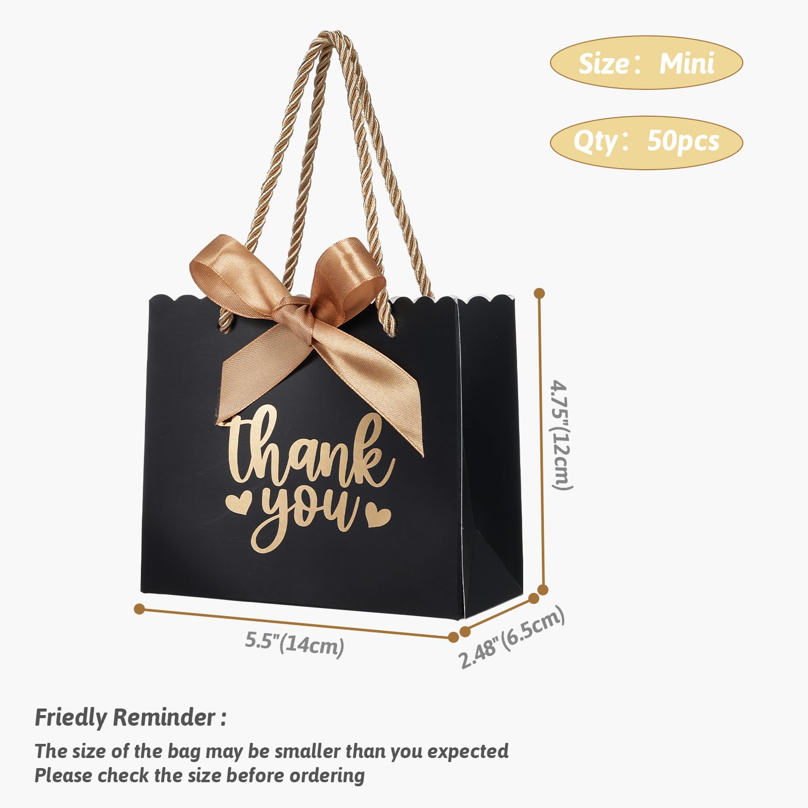 QIELSER 50 sztuk małych torebek na prezenty z podziękowaniami, z uchwytami, czarne mini torby na upominki imprezowe, 14 x 6 x 11 cm, mini torby na prezenty luzem ze wstążką z kokardą na walentynki