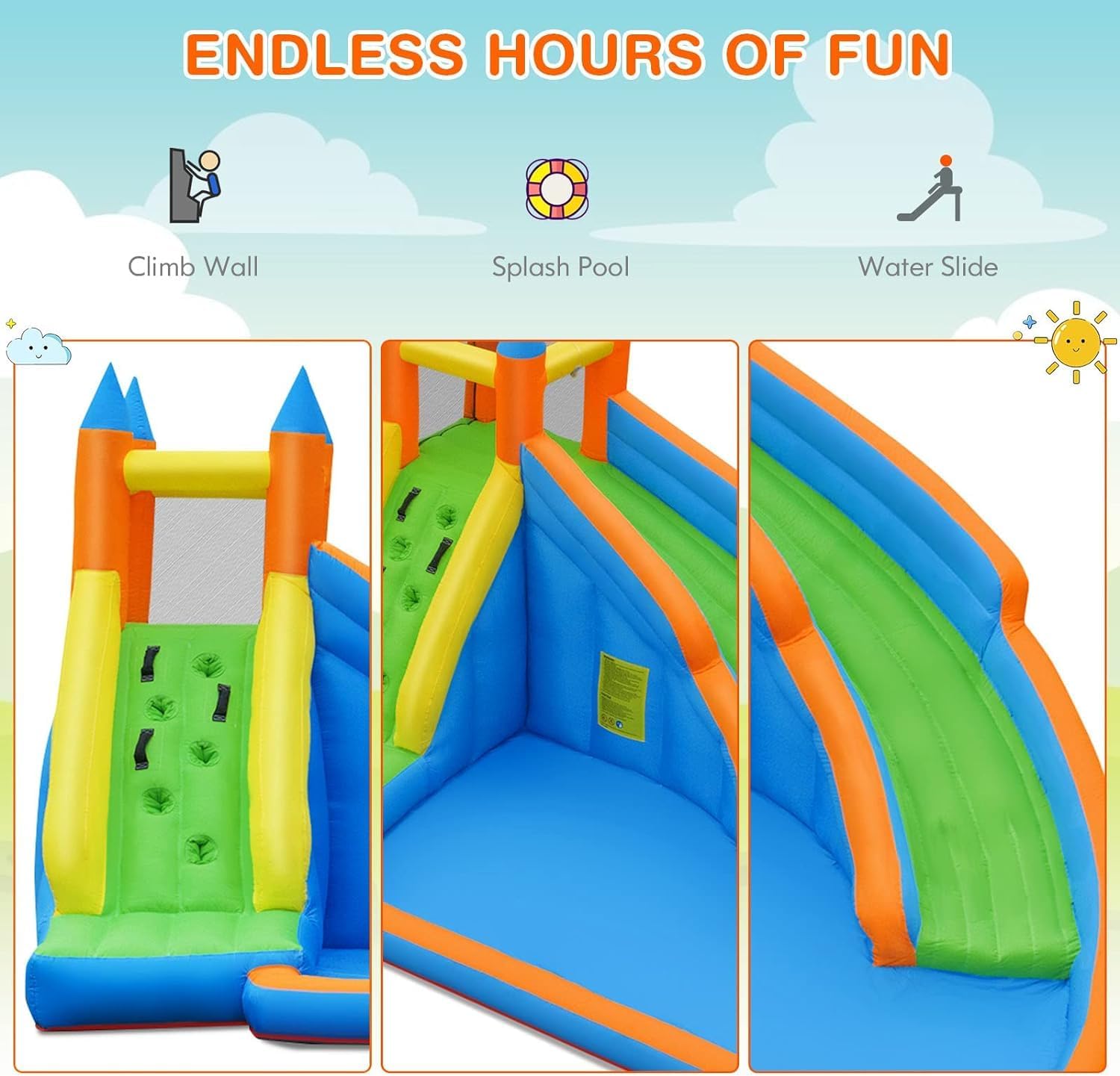 COSTWAY Inflatable Water Slide, Giant Bouncer Water Park with 480w Blower, Climbing Wall, Splash Pool, Indoor Outdoor Blow Up Water Slides for Backyard, Party, Gift Present