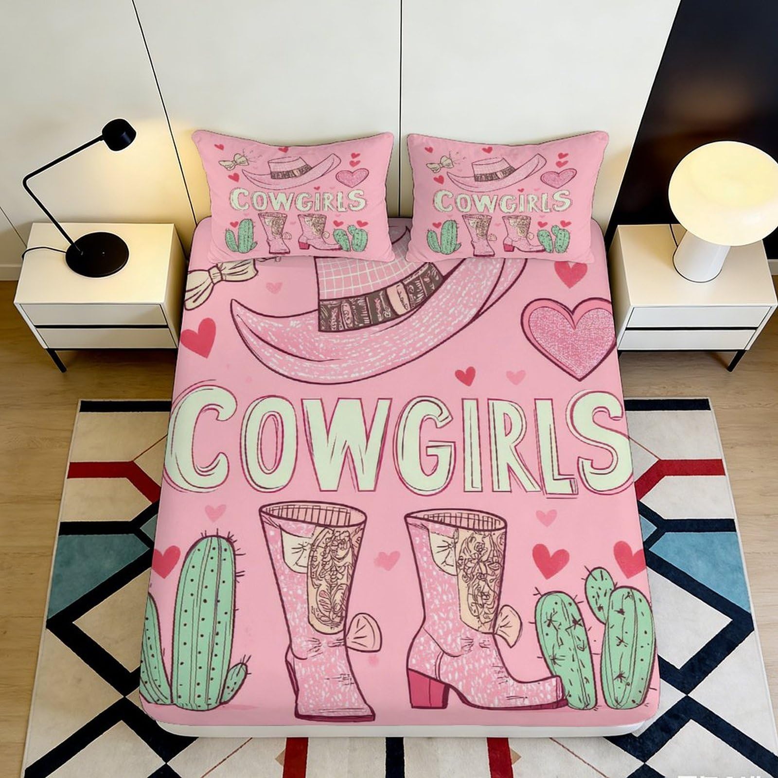 3D Printed Pink Cowgirl Fitted Sheet Microfiber Bedroom Decor Western Boots Cactus Bed Cover for Home Dorm 90x200x25cm
