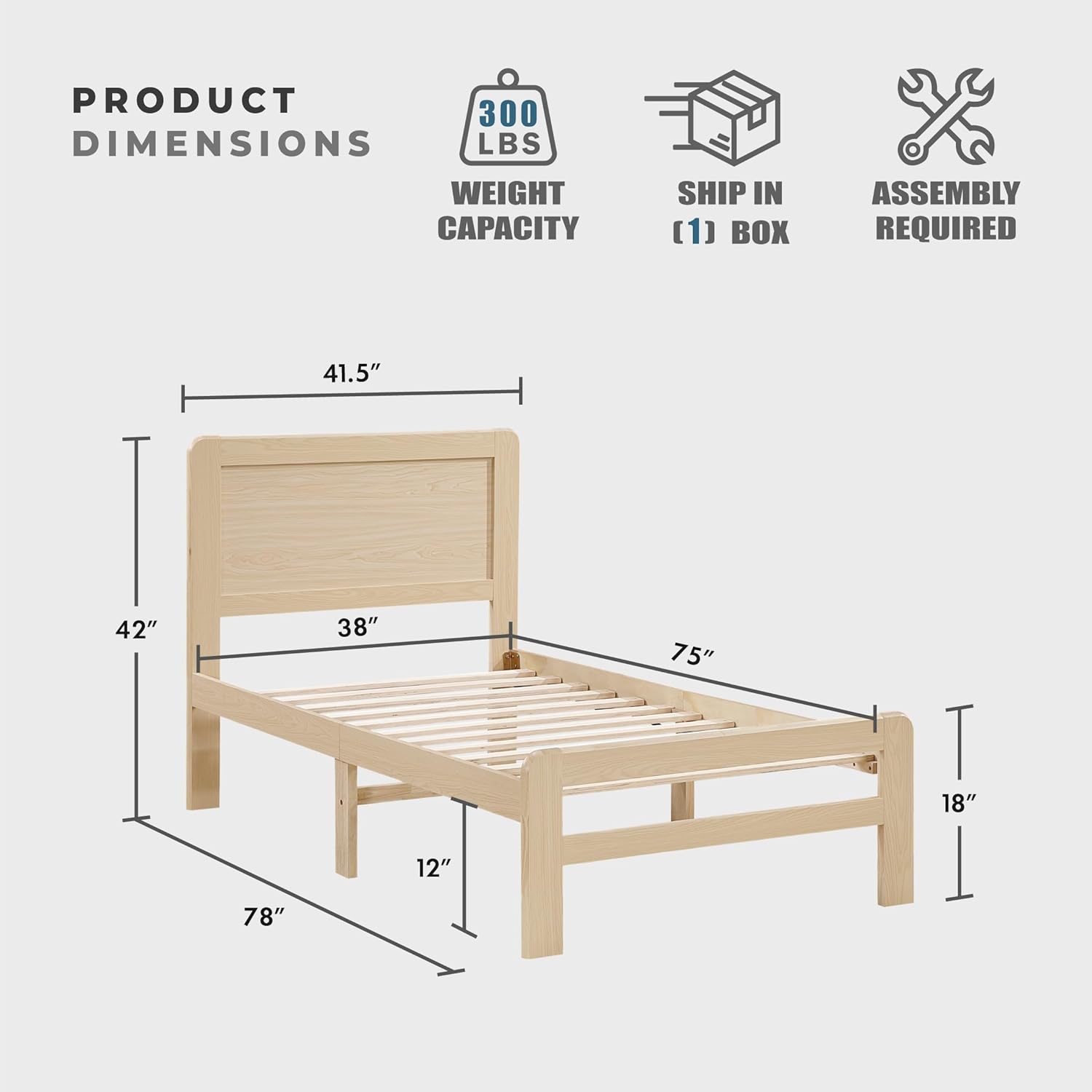 Lexicon Twin Platform Bed, Faux Wood Veneer Platform Bed Frame with Panel Headboard, Strong Wooden Slats Support, No Box Spring Required, Easy Assembly, Natural