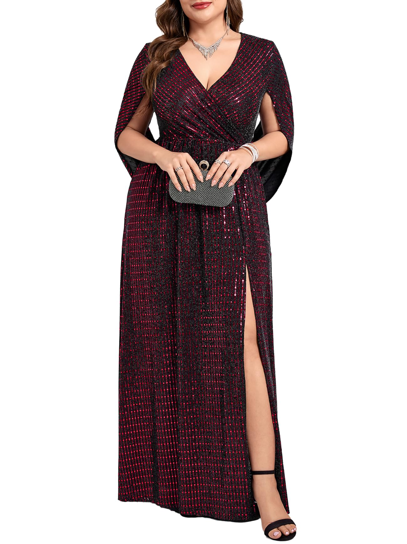 ZOMVA Plus Size Sequin Formal Dress Maxi Sparkly Glitter Cape Sleeve Prom Evening Gown Gala Dress