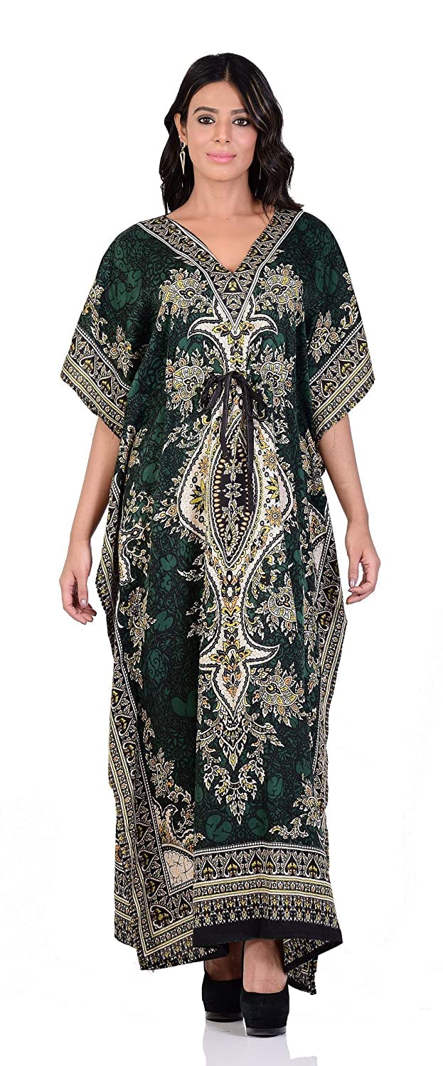 Women's V-Neck Maxi Kaftan – Tribal Print, Loose Fit, Plus Size Kimono Dress, Beach Cover-Up