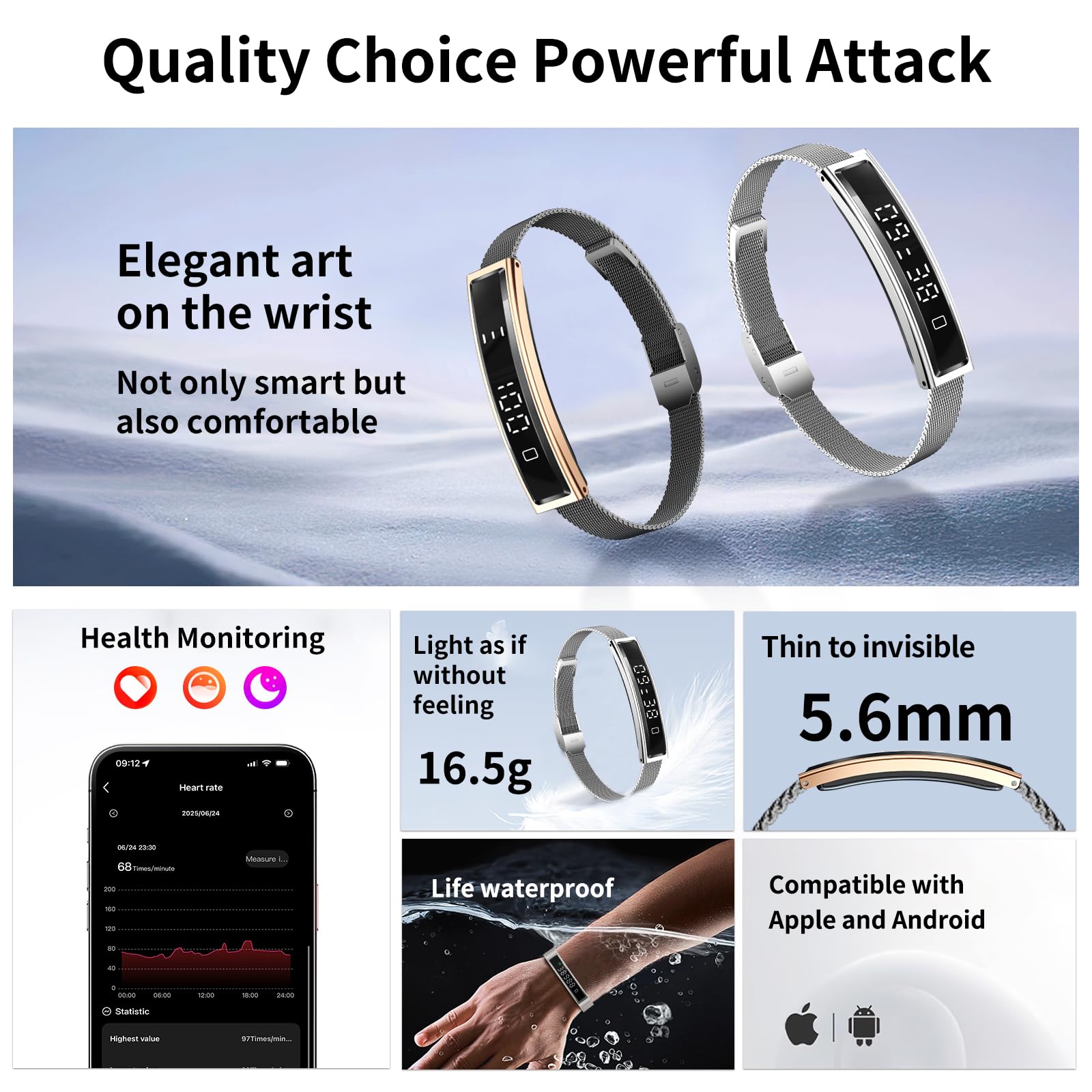 Smart Bracelet,Activity&Fitness Trackers,Touch Screen/Sleep Tracker/Heart Rate/Blood Oxygen,5ATM Waterproof,Multiple Sports Modes,Free App for iOS Android (Steel Belt, Rose Gold)