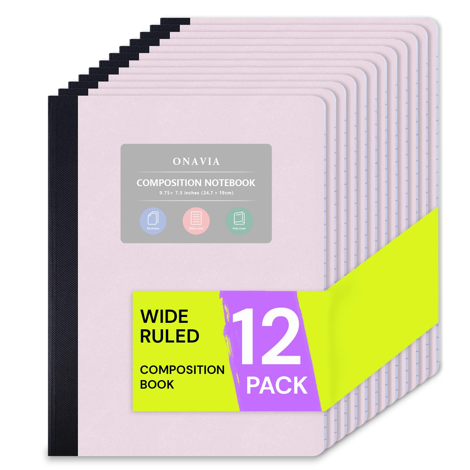 ONAVIA Confezione da 12 quaderni a righe larghe, 24,5 x 19,8 cm, 80 fogli ciascuno, rilegatura cucita, quaderni scolastici sfusi, rosa