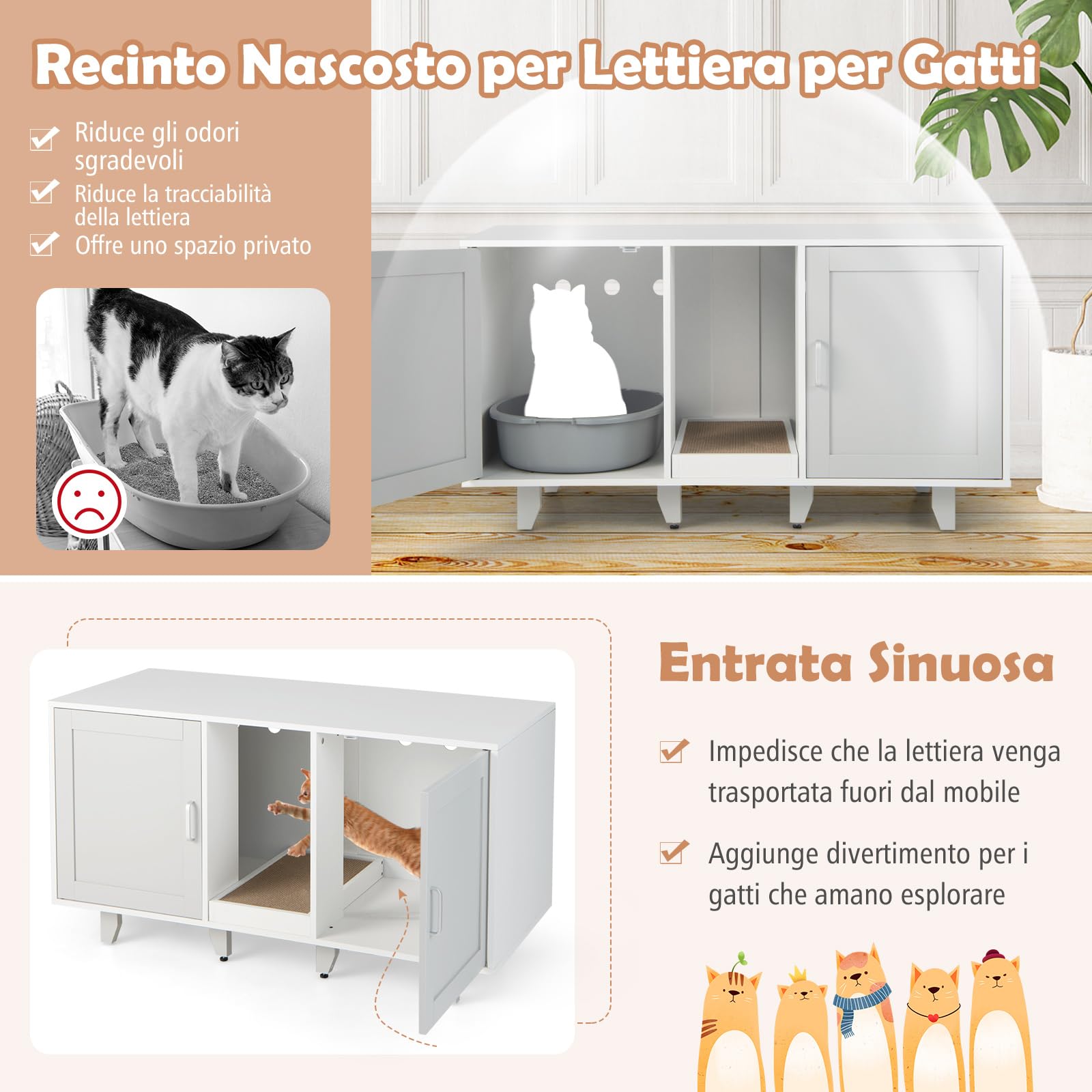 COSTWAY Mobile per Lettiera per Gatti 120 x 52 x 65 cm, Casetta per Gatti con 2 Ante, Fori, Tiragraffi e Gambe Staccabili, Mobile Versatile e Moderno per Salotto (Bianco e grigio)
