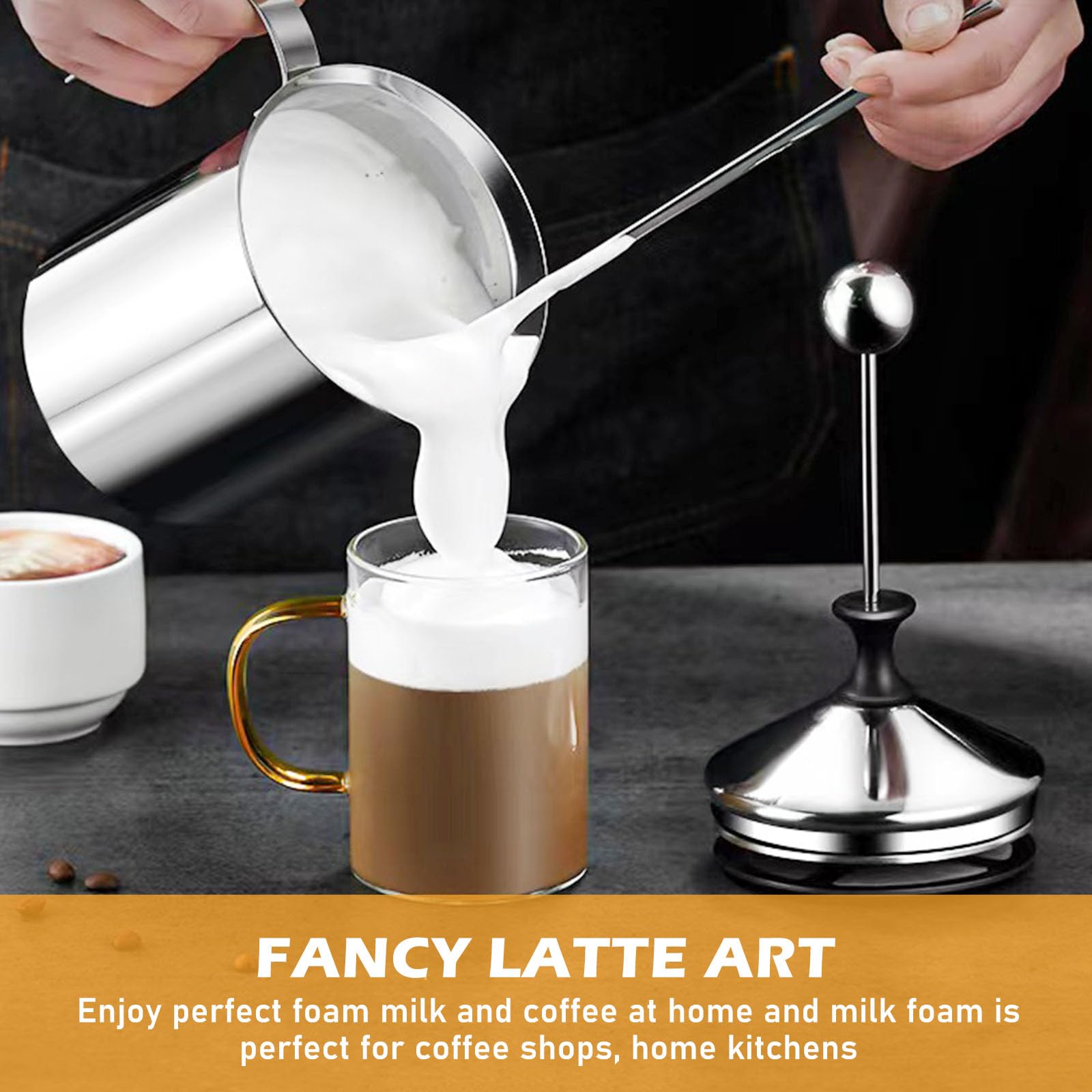 400ml Montalatte Manuale, Schiumalatte con Pompa a Mano, Montalatte a Pompa, 304 Schiumalatte in Acciaio Inox Doppia Rete Manual, Cappuccinatore Manuale per Cappuccino e Caffè