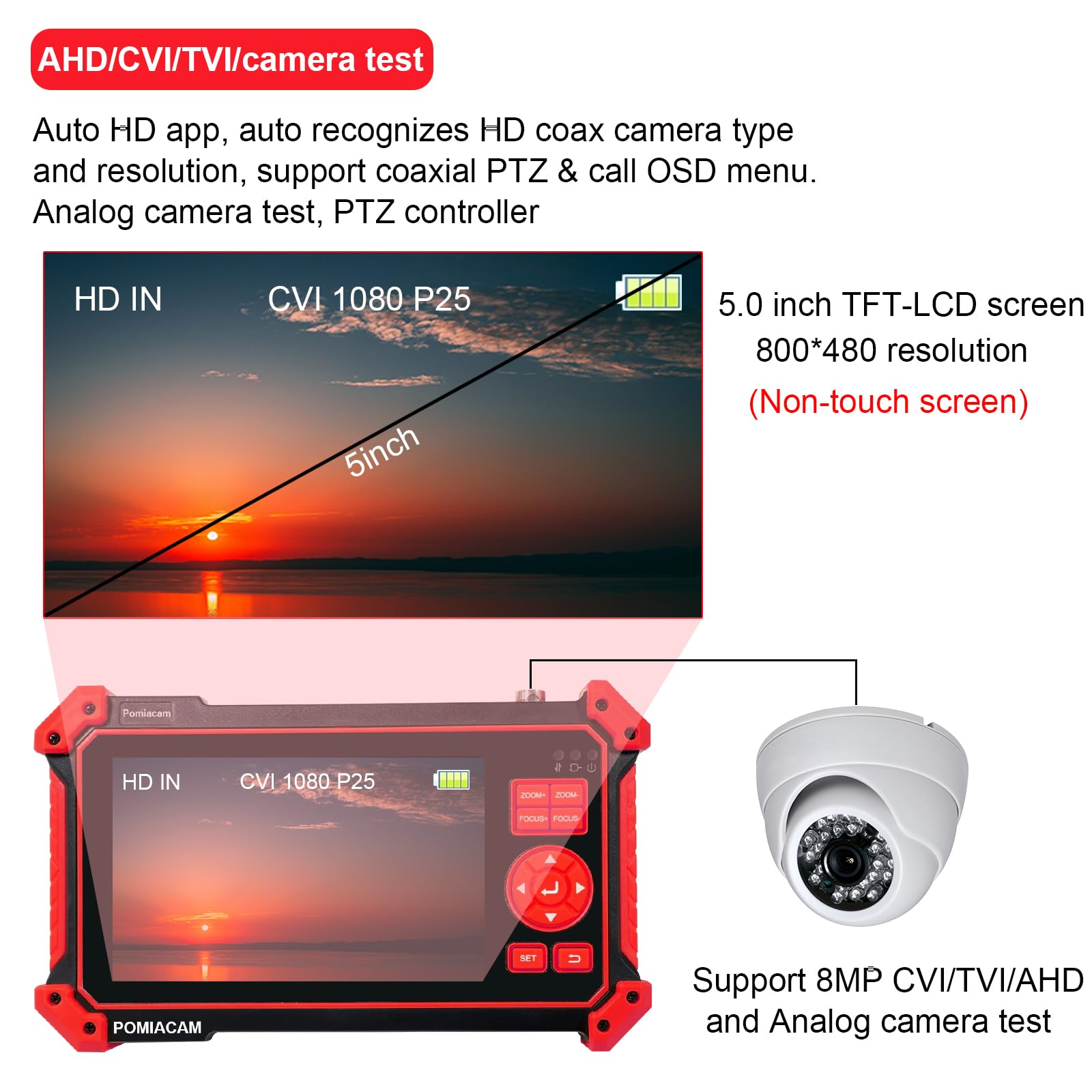 Tester per telecamera CCTV HD-2950, 8MP TVI CVI AHD CVBS Tester per fotocamera analogica da 5 pollici TFT-LCD Test cavo UTP Ingresso HDMI e VGA RS485 PTZ Control Audio Test 12V Potenza di uscita