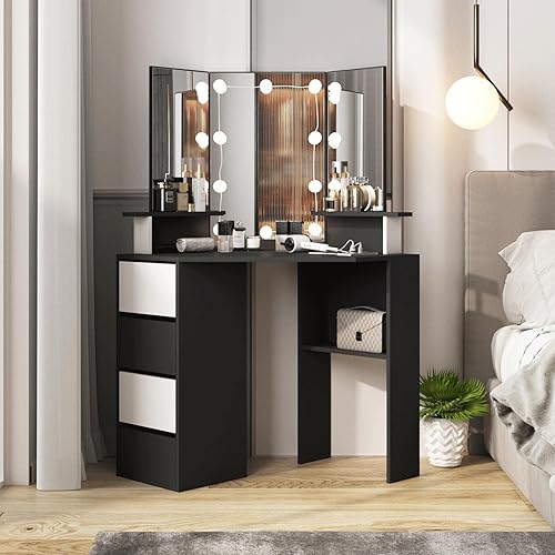 Miniatura 2 de Vabches Escritorio esquinero con espejo iluminado y tira de alimentación, mesa de tocador de maquillaje negra con luces, espejo de tocador de Negro
