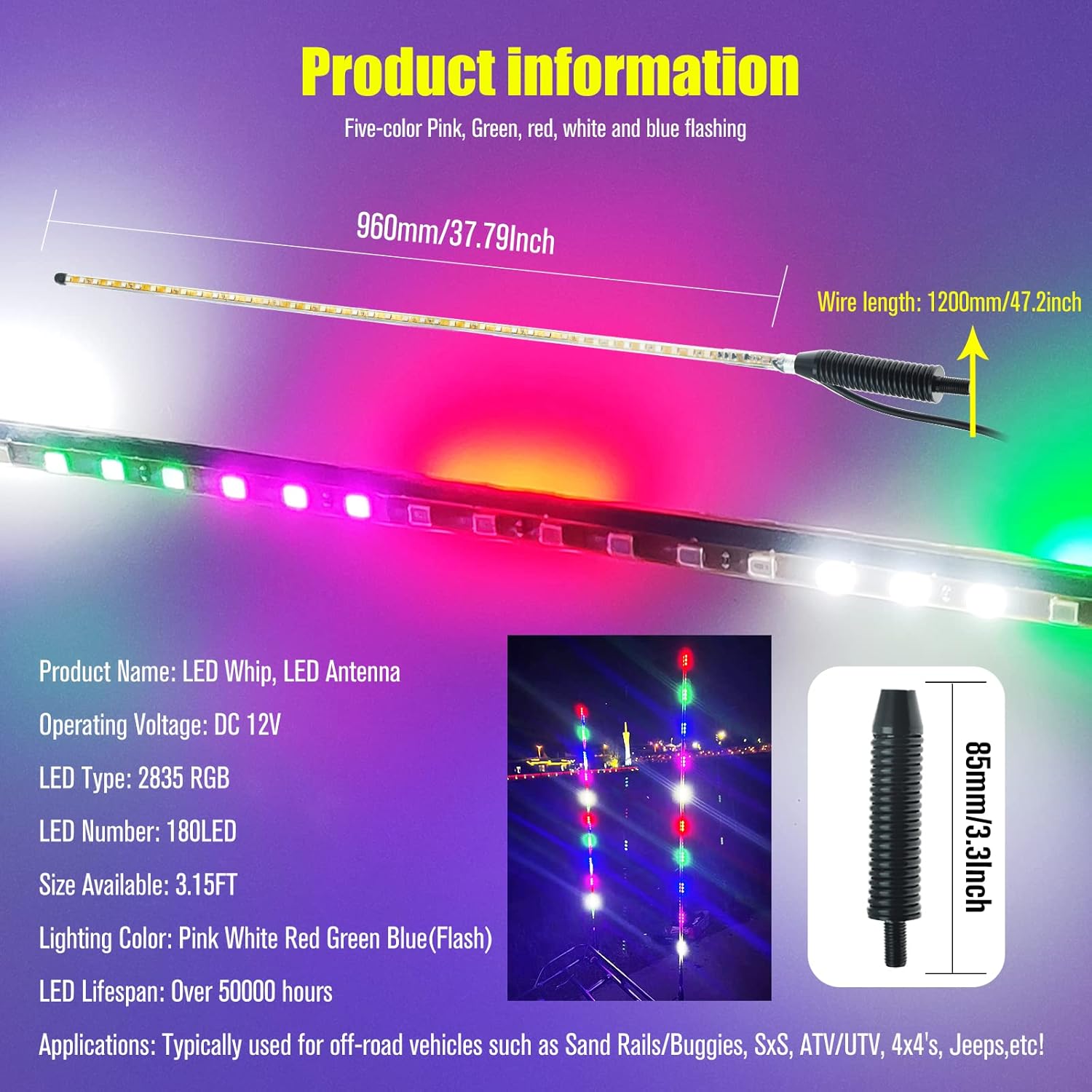 2Pcs LED Whip Lights,3.4FT RGB 270° Auto Strobe LED Whip Light for ATV UTV RZR Off-Road Truck Boat Can-am,DC12V.