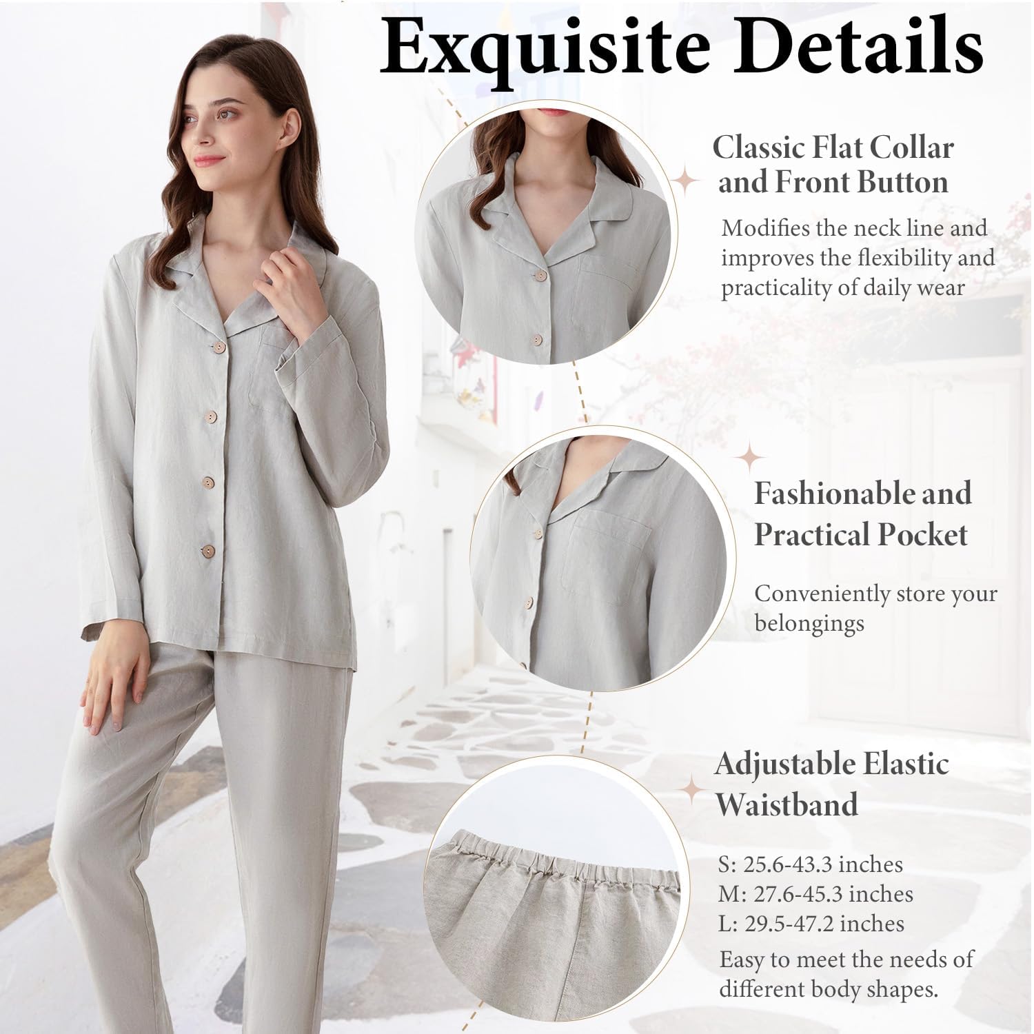 Simple&Opulence Conjunto de pijama de lino 100 % para mujer, camisa y pantalones suaves, ropa de descanso de 2 piezas, ajuste delgado, suave y transpirable, S-L