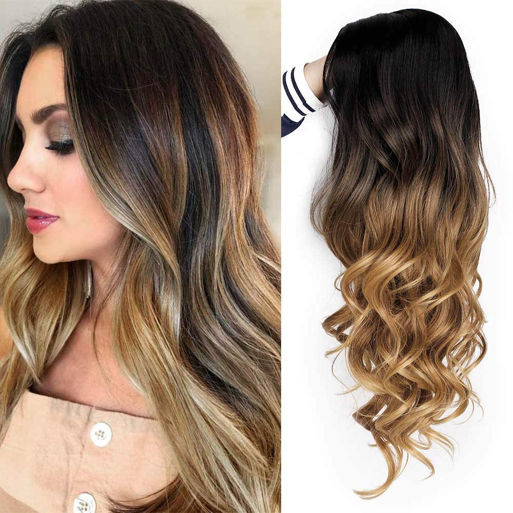 LUSH LOCKS® Long Curly Side Part Wig 2 Tone Black to Light Brown Wavy Wigs For Women Synthetic Heat Resistant Party Wigs Natural Looking(size 26,Blonde)-image-36