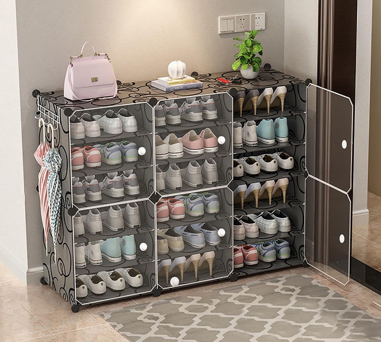 SNKR ESSENTIALS18-Shelf Portable Shoe Rack for Home Plastic Household, Shoe Storage Organizer, Shoe Stand, Footwear Organiser with Door for Boots, Heels, Slipper Stand for Entryway or Bedroom (Black) (B0DGXJLH7J) Amazon Price History, Amazon Price Tracker