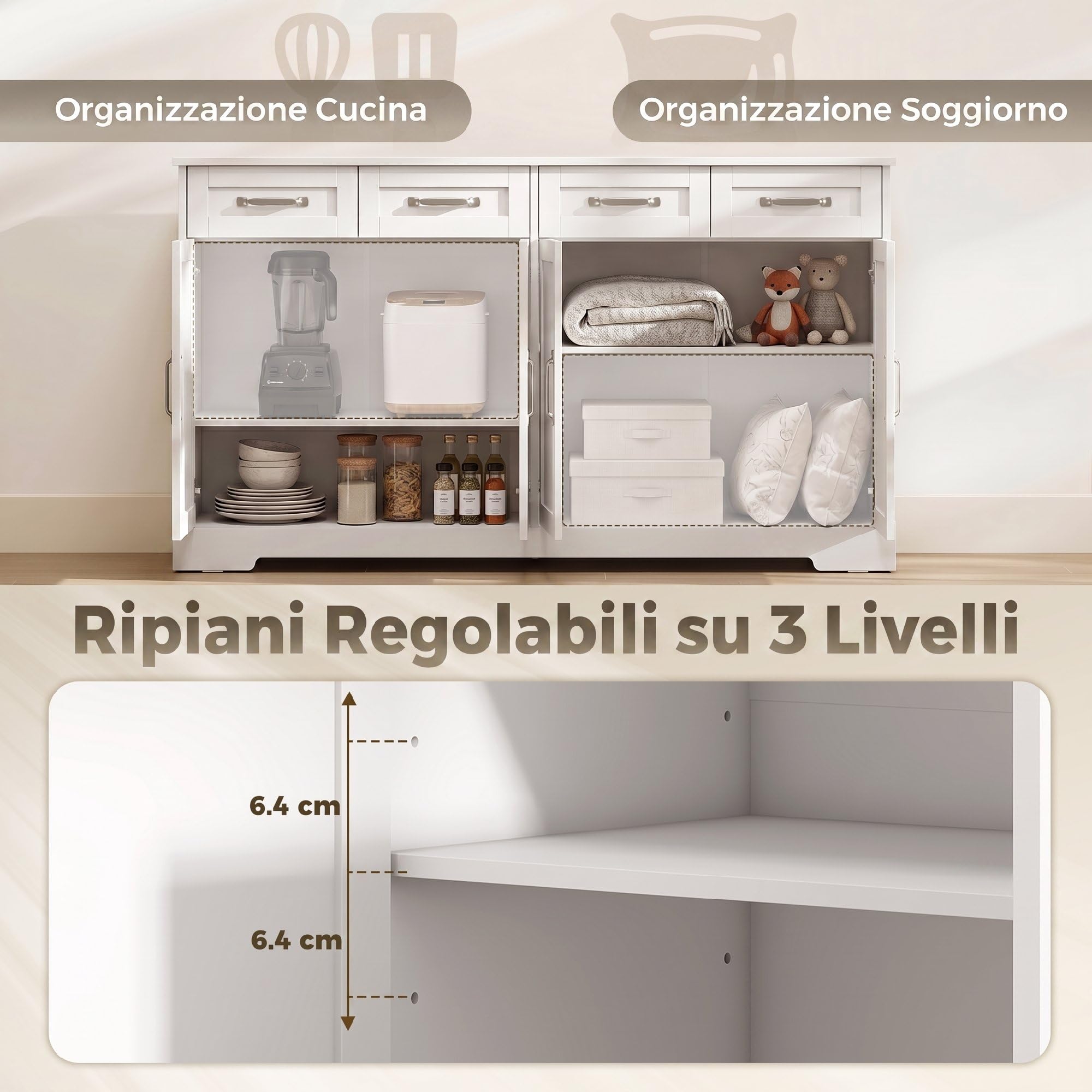 HOMCOM Credenza Cucina Mobile Cucina 4 Cassetti 4 Ante 140x38x80 cm Bianco